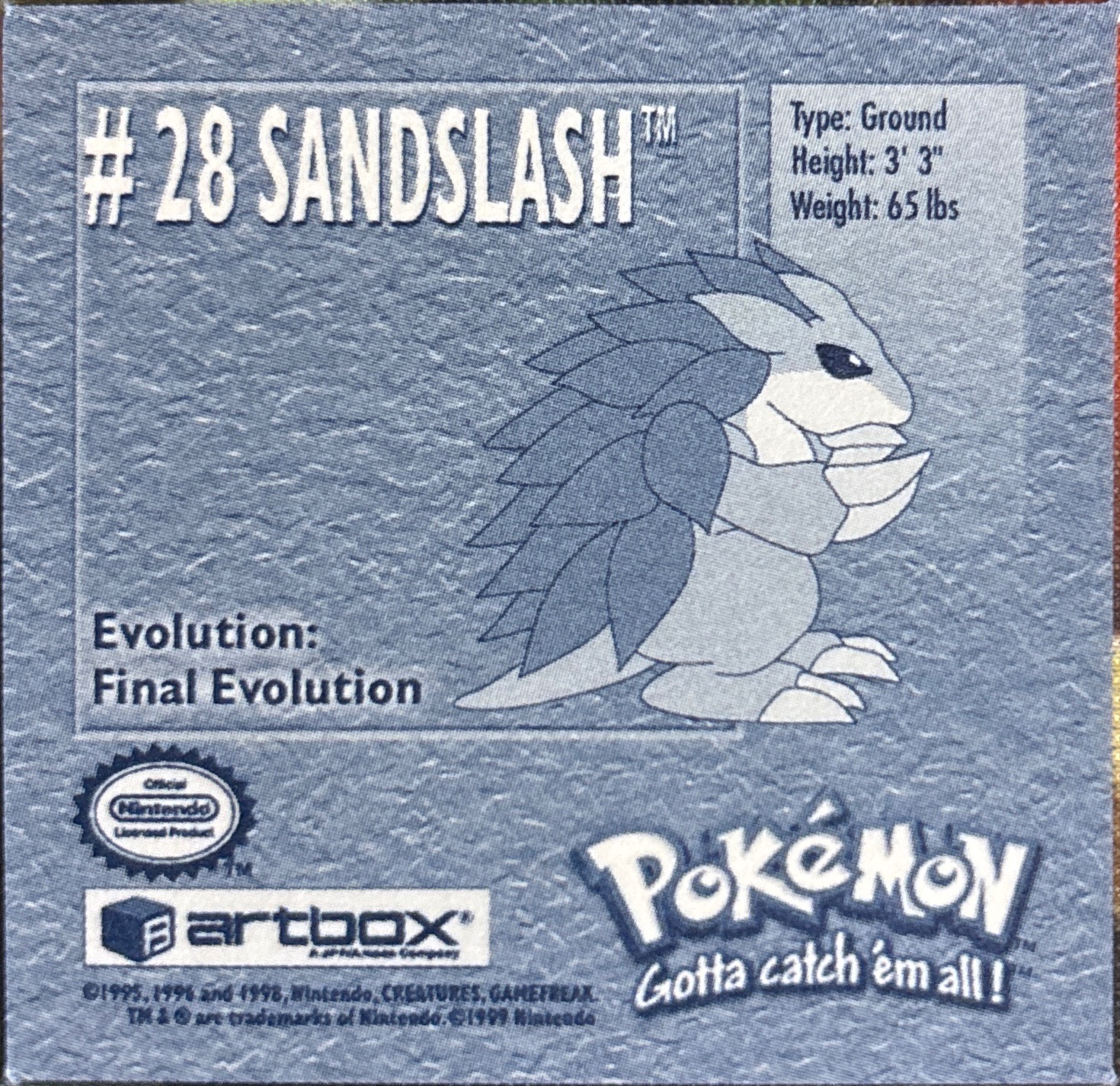 Sandslash sticker #28, Artbox (USA) Pokémon Artbox Stickers (1999), back