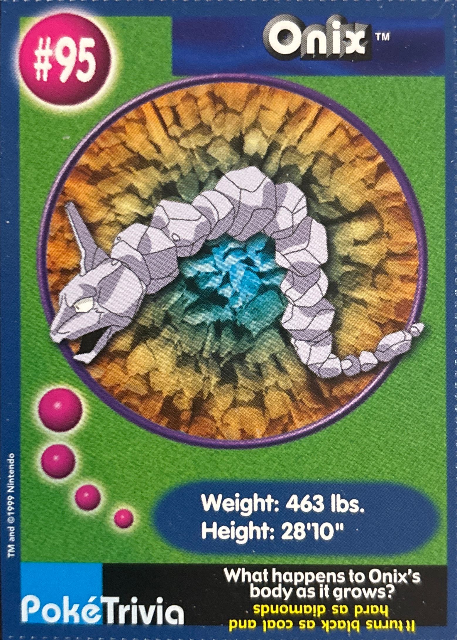 Onix card #95, Pokémon Burger King PokéTrivia Cards (1999) Checklist, front