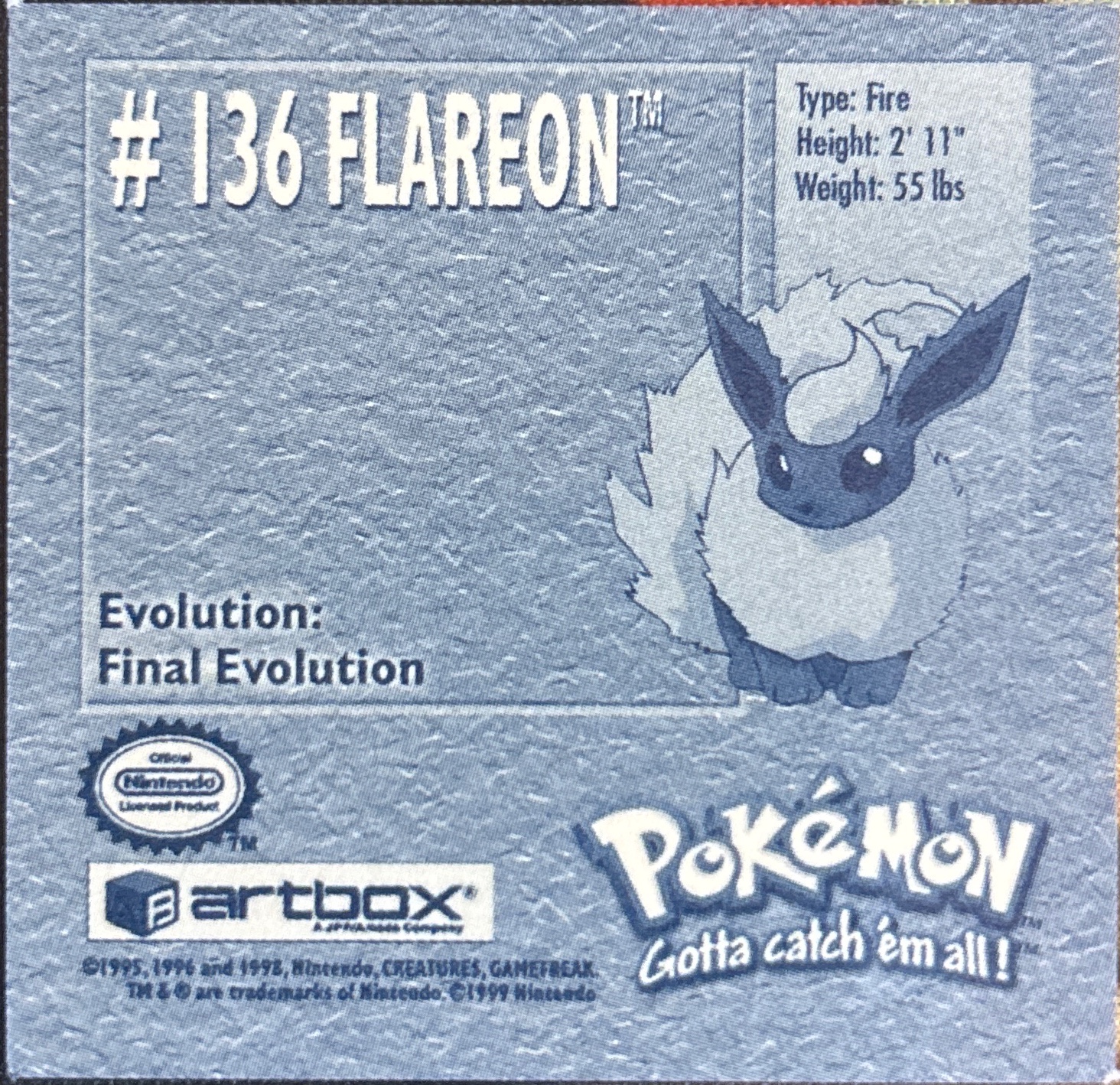 Flareon sticker #136, Artbox (USA) Pokémon Artbox Stickers (1999), back