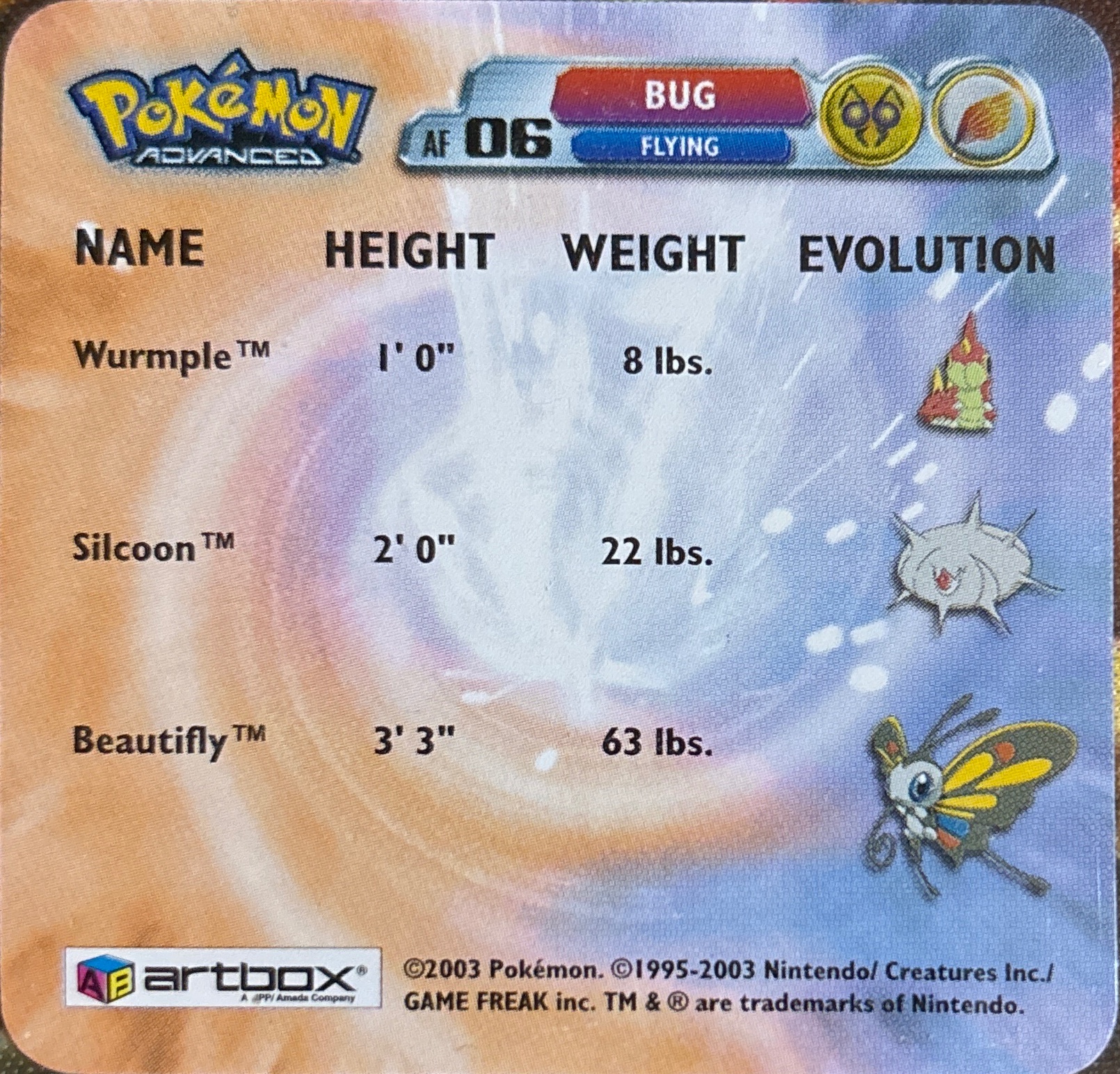Wurmple collectible #AF06, Artbox (USA) Pokémon Artbox Advanced Flipz, back