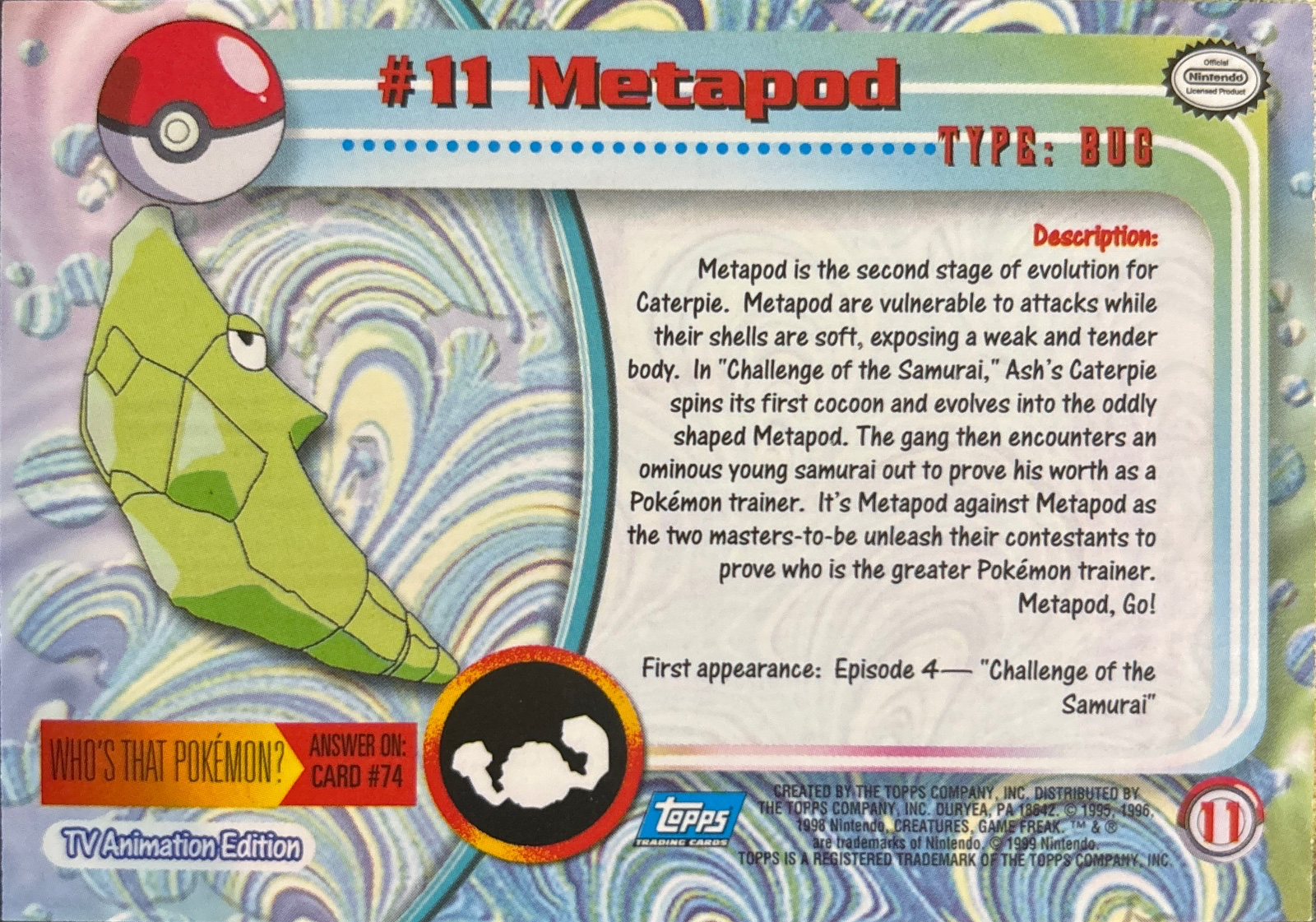 Metapod card #11, Pokemon Topps Series 1 (1999), back