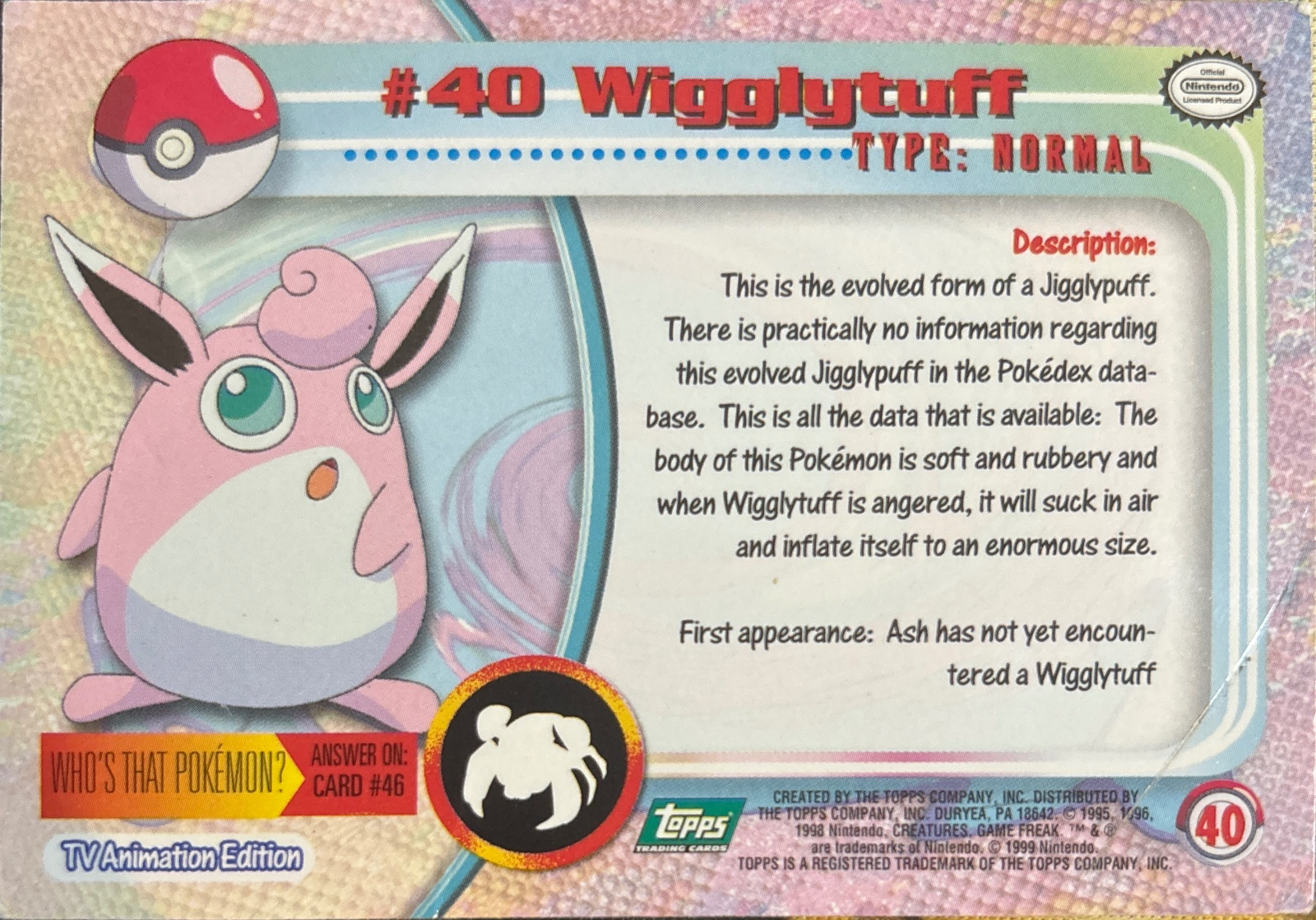 Wigglytuff card #40, Pokemon Topps Series 1 (1999), back