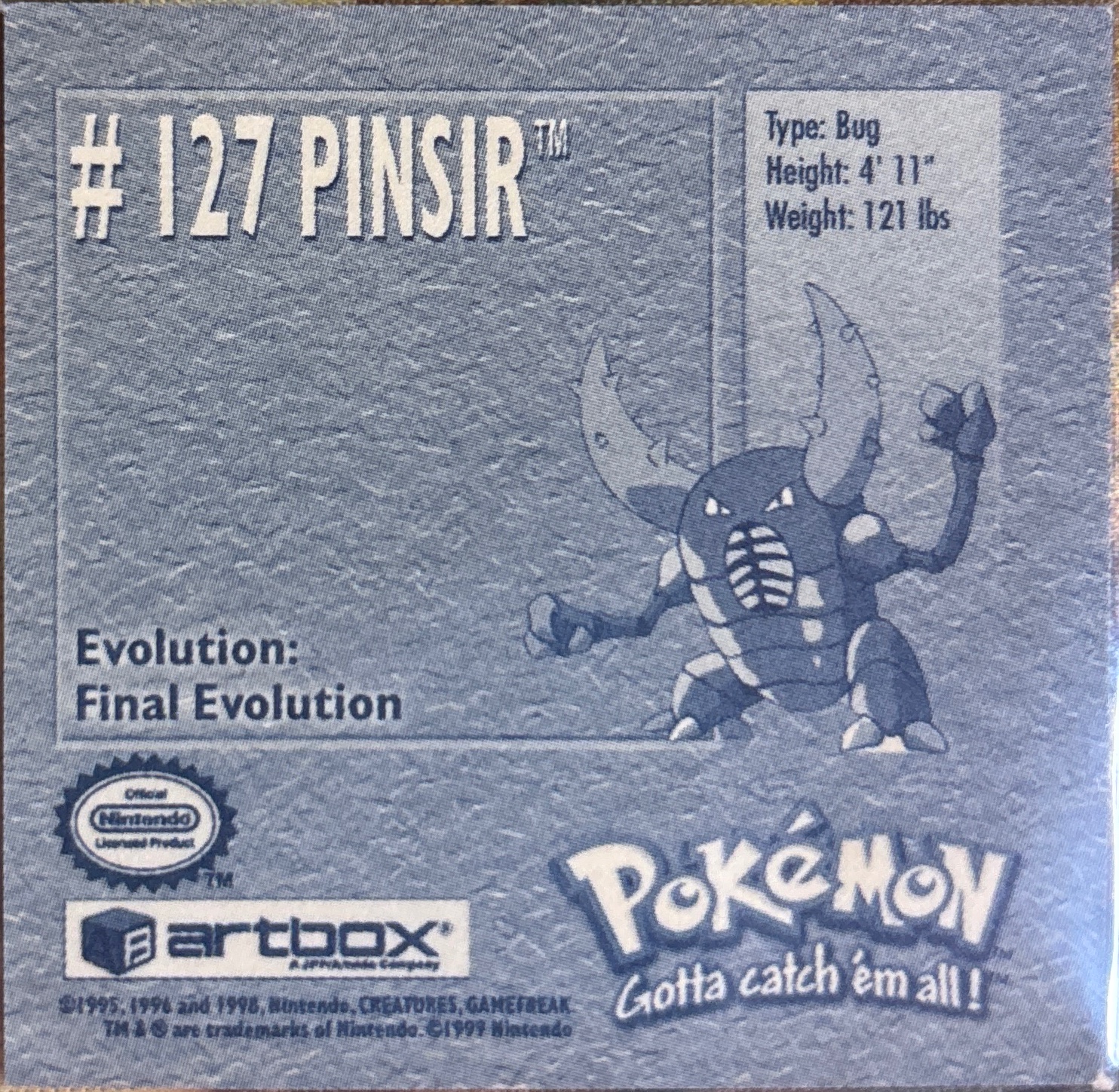 Pinsir sticker #127, Artbox (USA) Pokémon Artbox Stickers (1999), back
