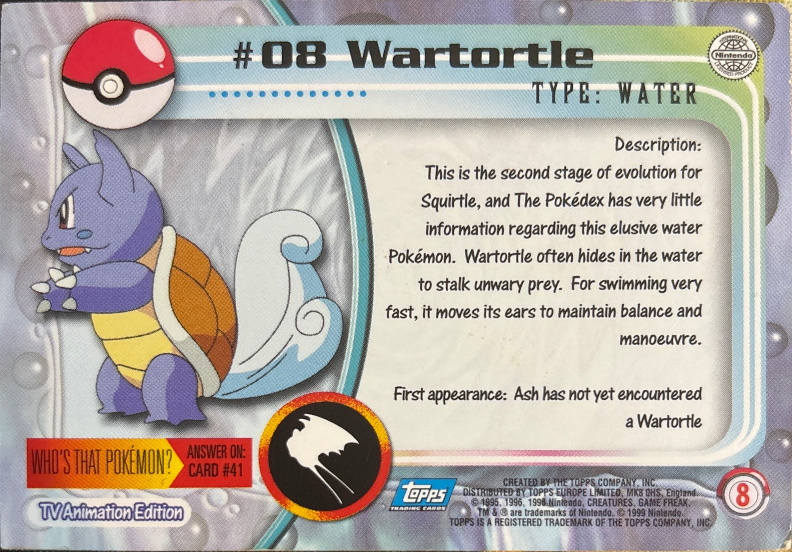 Wartortle card #8, Pokemon Topps Series 1 (1999), back