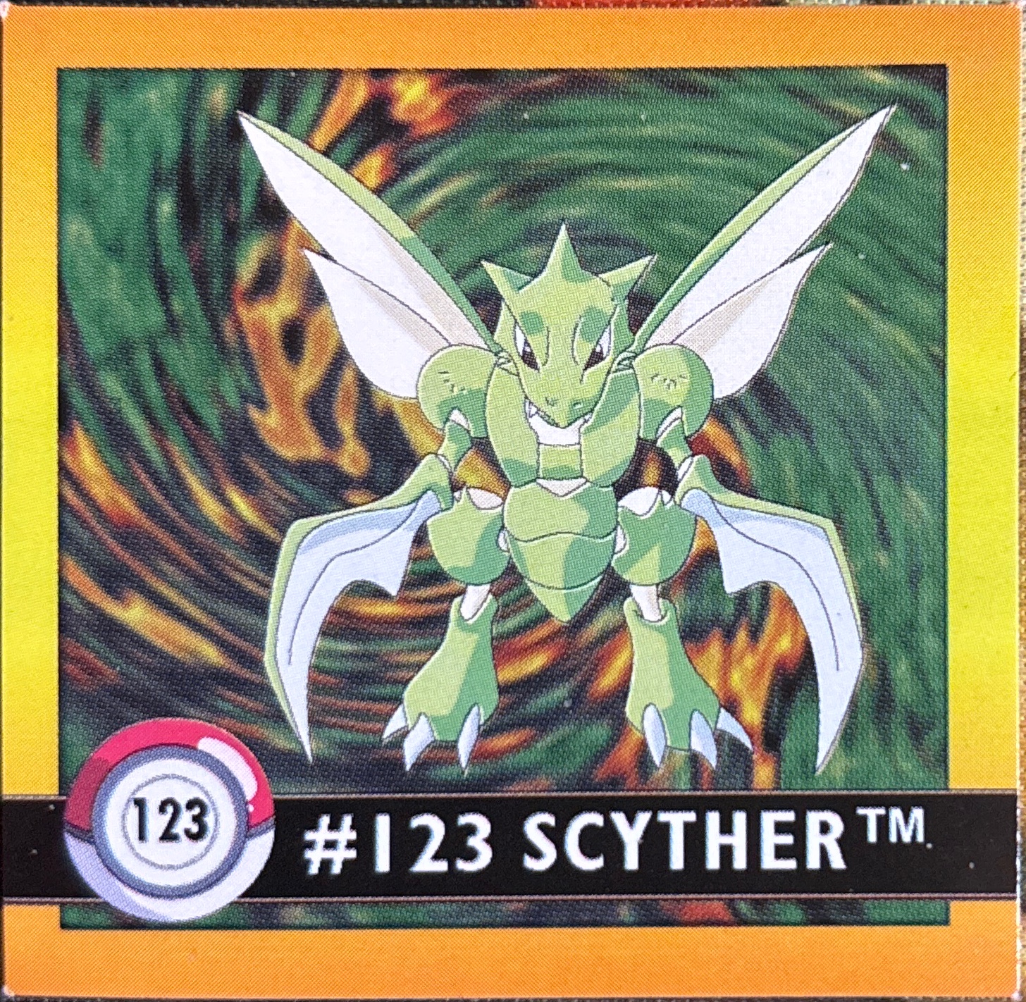Scyther sticker #123, Artbox (USA) Pokémon Artbox Stickers (1999), front