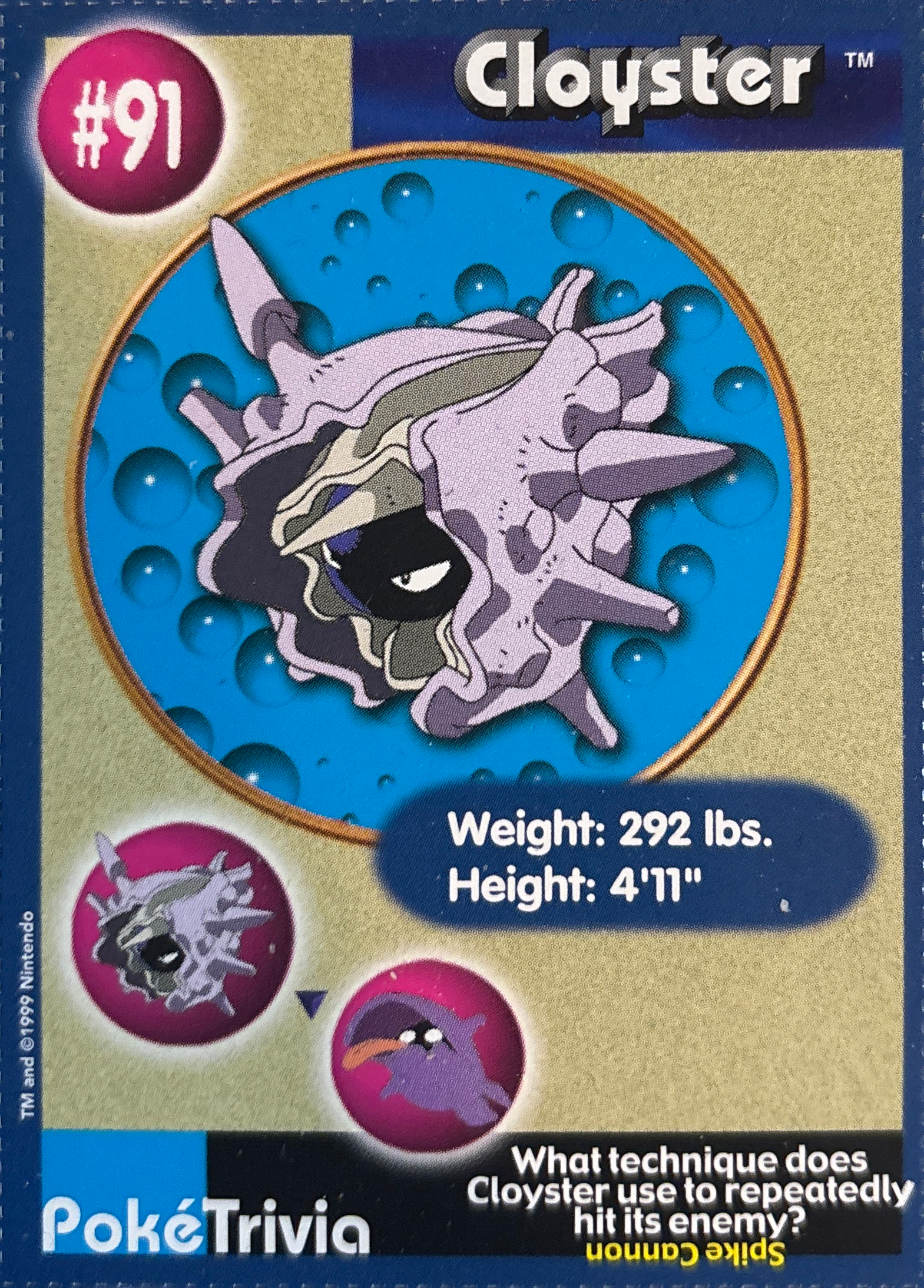 Cloyster card #91, Pokémon Burger King PokéTrivia Cards (1999) Checklist, front
