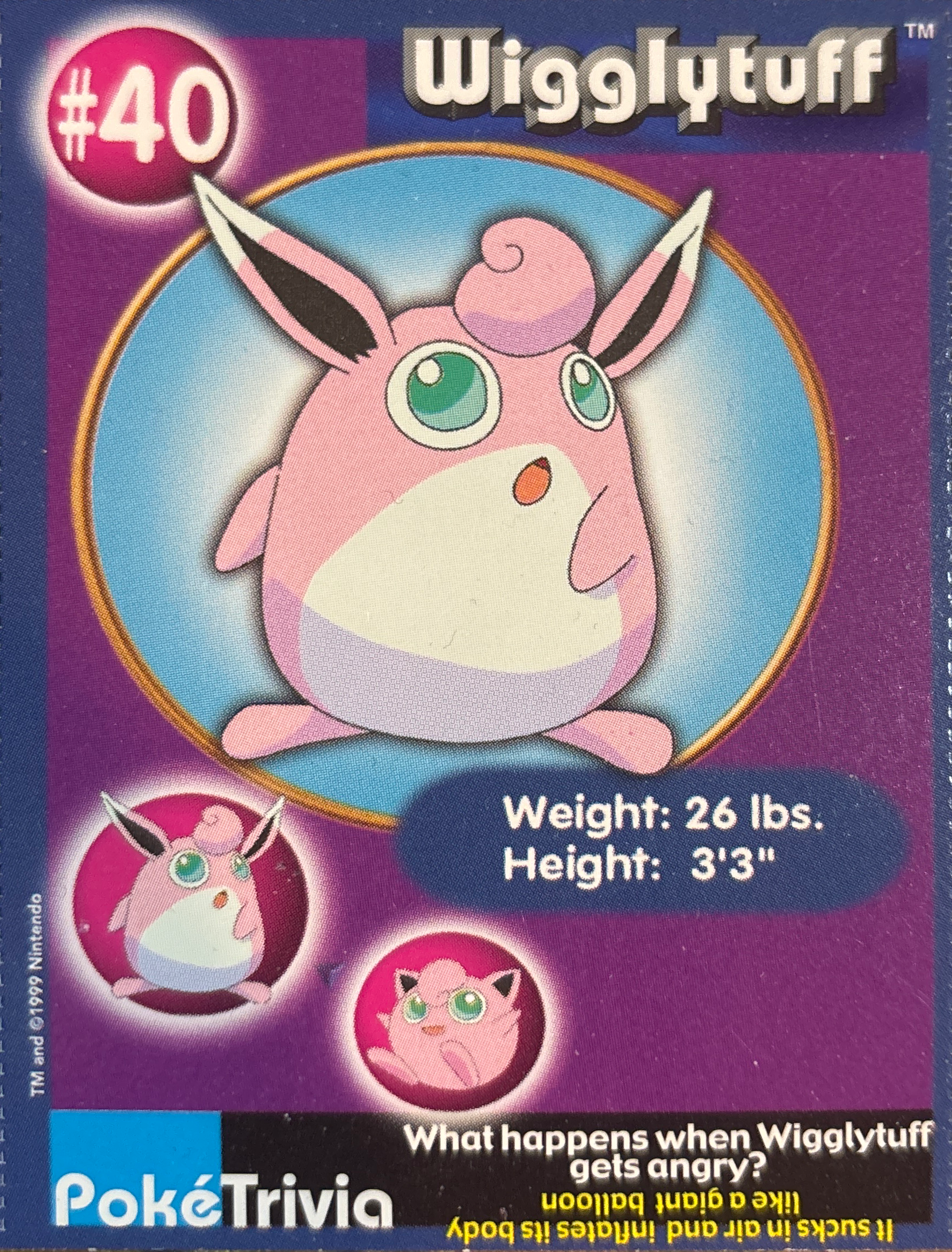 Wigglytuff card #40, Pokémon Burger King PokéTrivia Cards (1999) Checklist, front