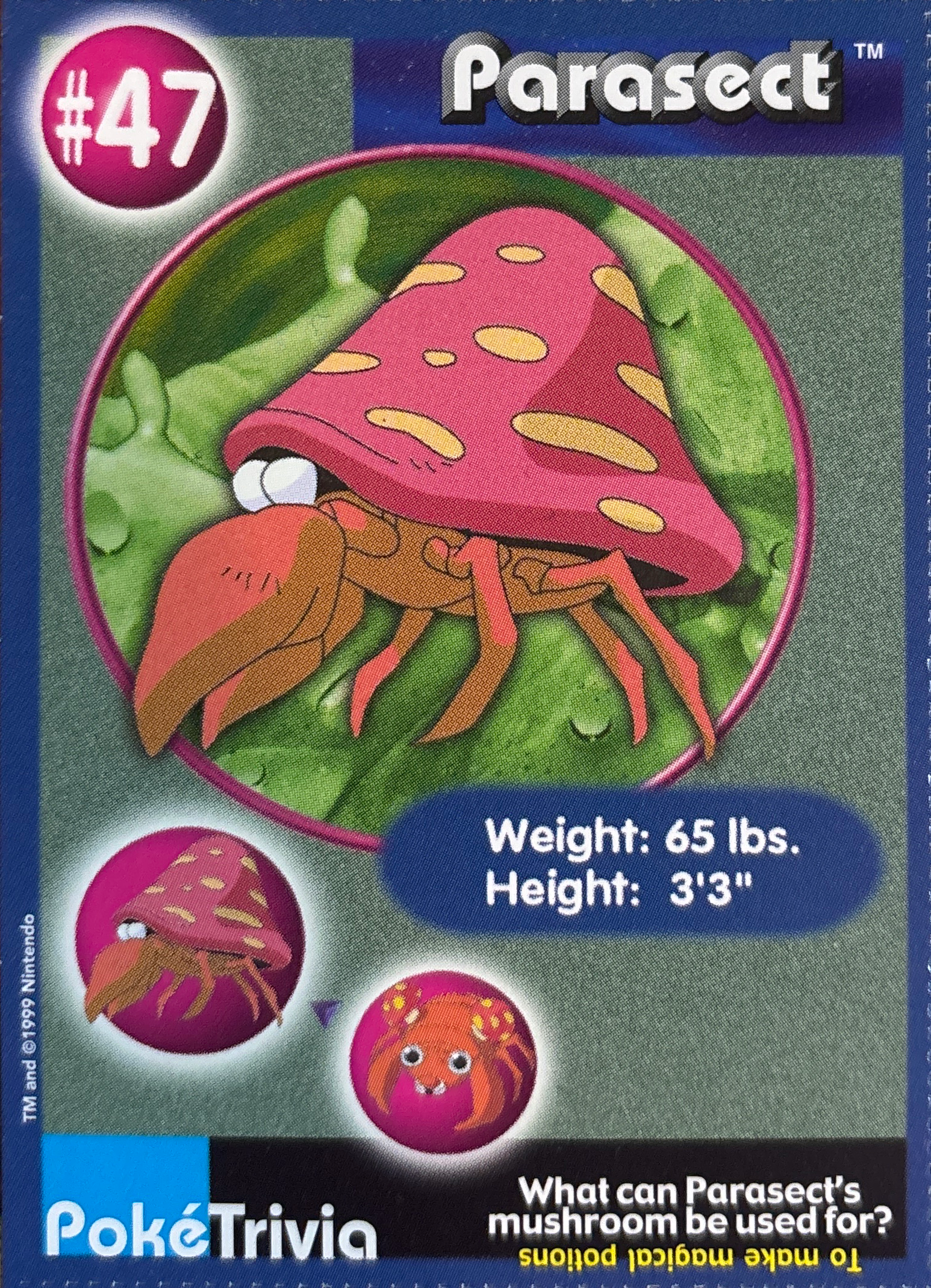 Parasect card #47, Pokémon Burger King PokéTrivia Cards (1999) Checklist, front