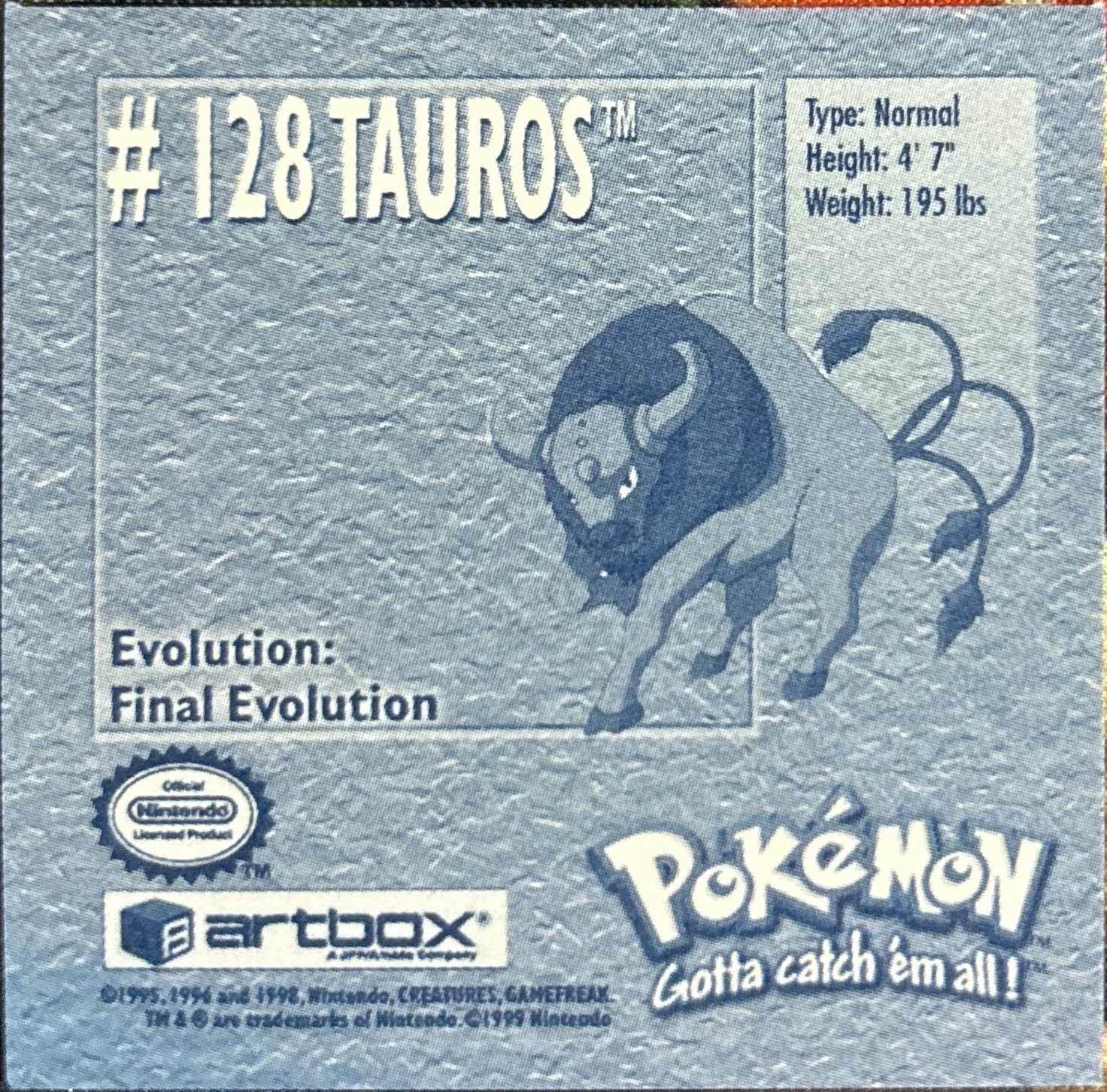 Tauros sticker #128, Artbox (USA) Pokémon Artbox Stickers (1999), back