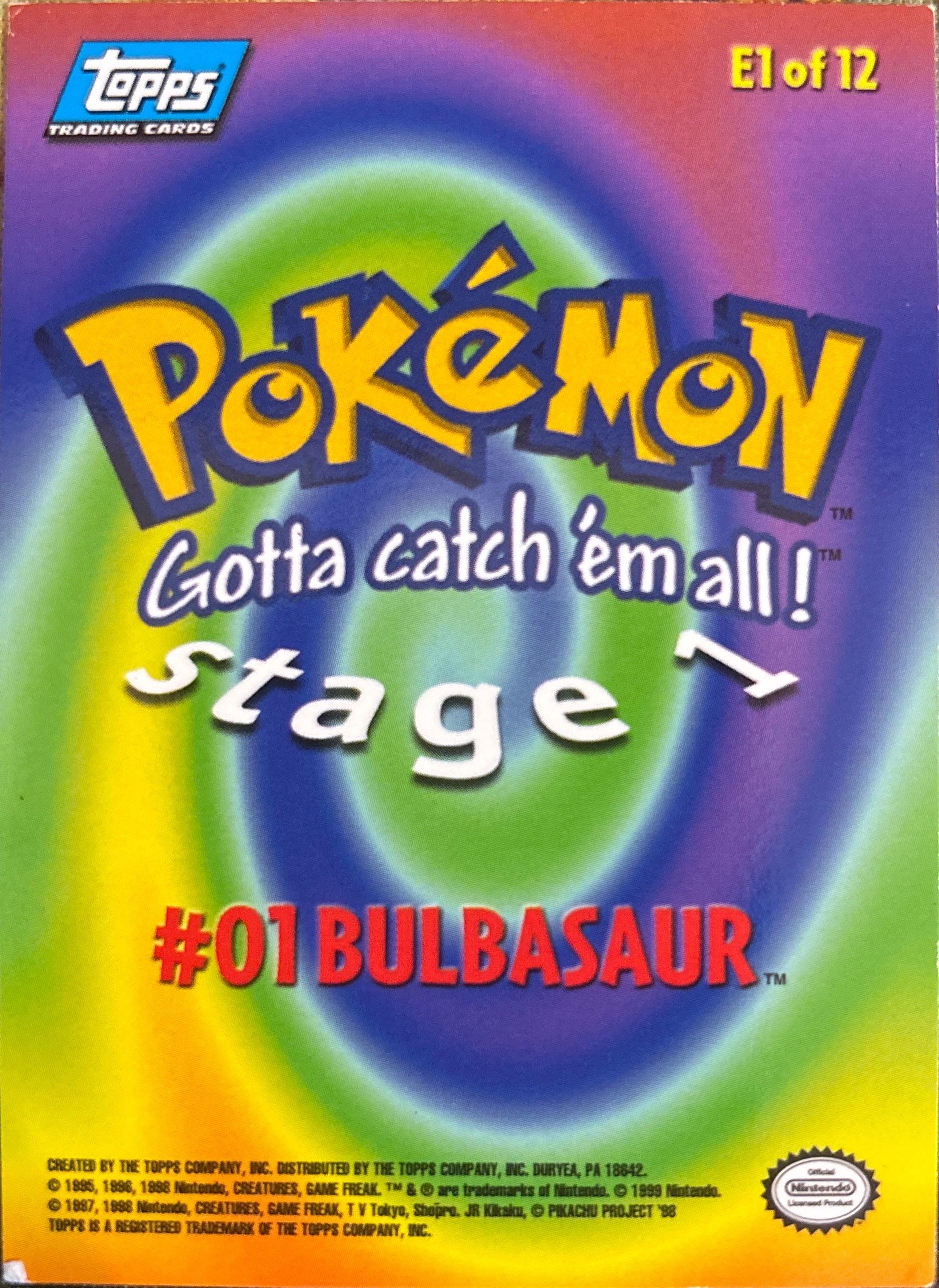 Bulbasaur card #E1, Pokemon Topps First Movie Trading Cards (1999), back
