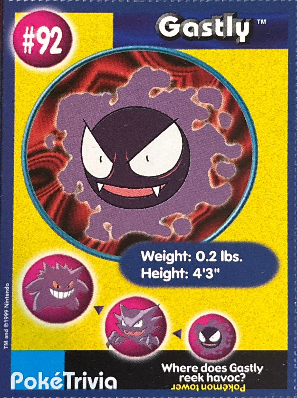 Gastly card #92, Pokémon Burger King PokéTrivia Cards (1999) Checklist, front