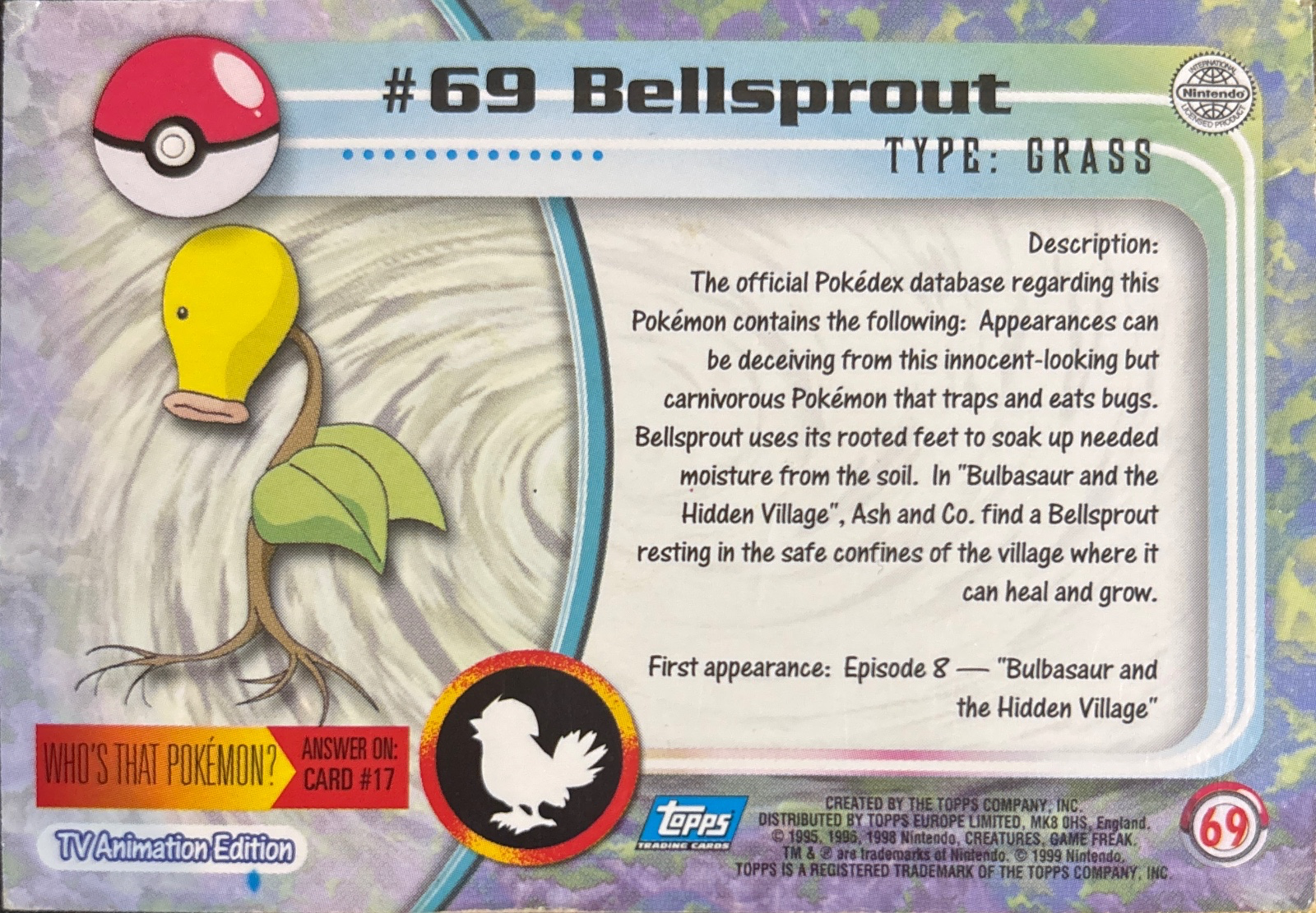 Bellsprout card #69, Pokemon Topps Series 1 (1999), back