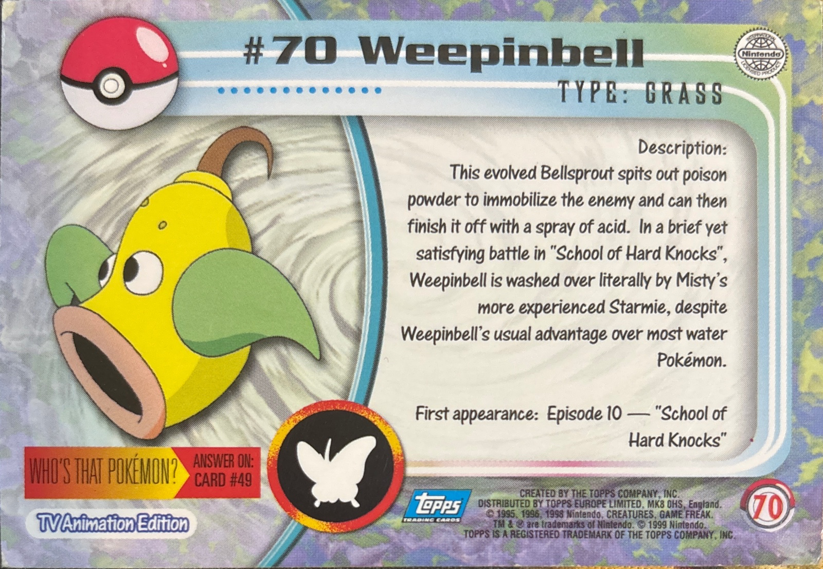 Weepinbell card #70, Pokemon Topps Series 1 (1999), back