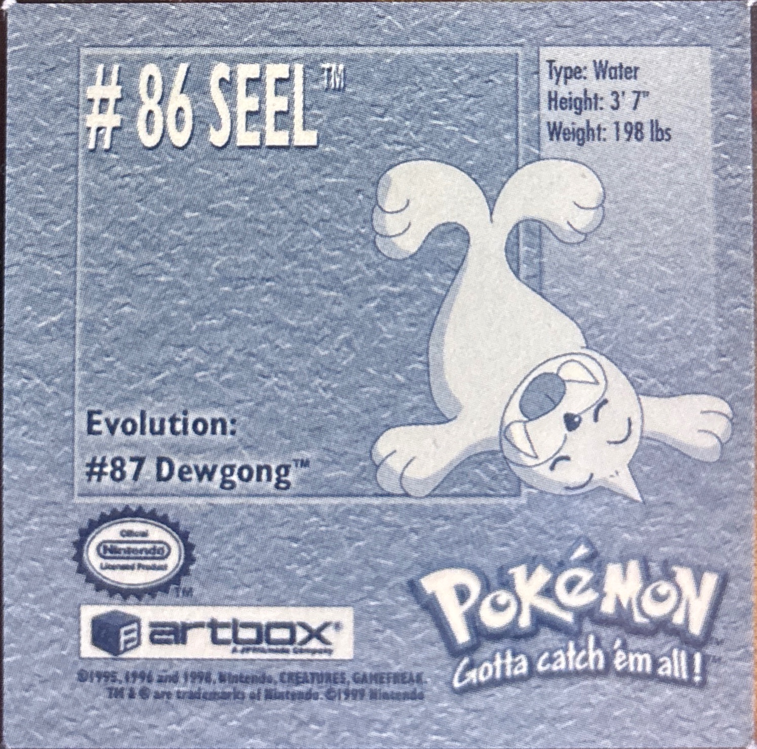 Seel sticker #86, Artbox (USA) Pokémon Artbox Stickers (1999), back