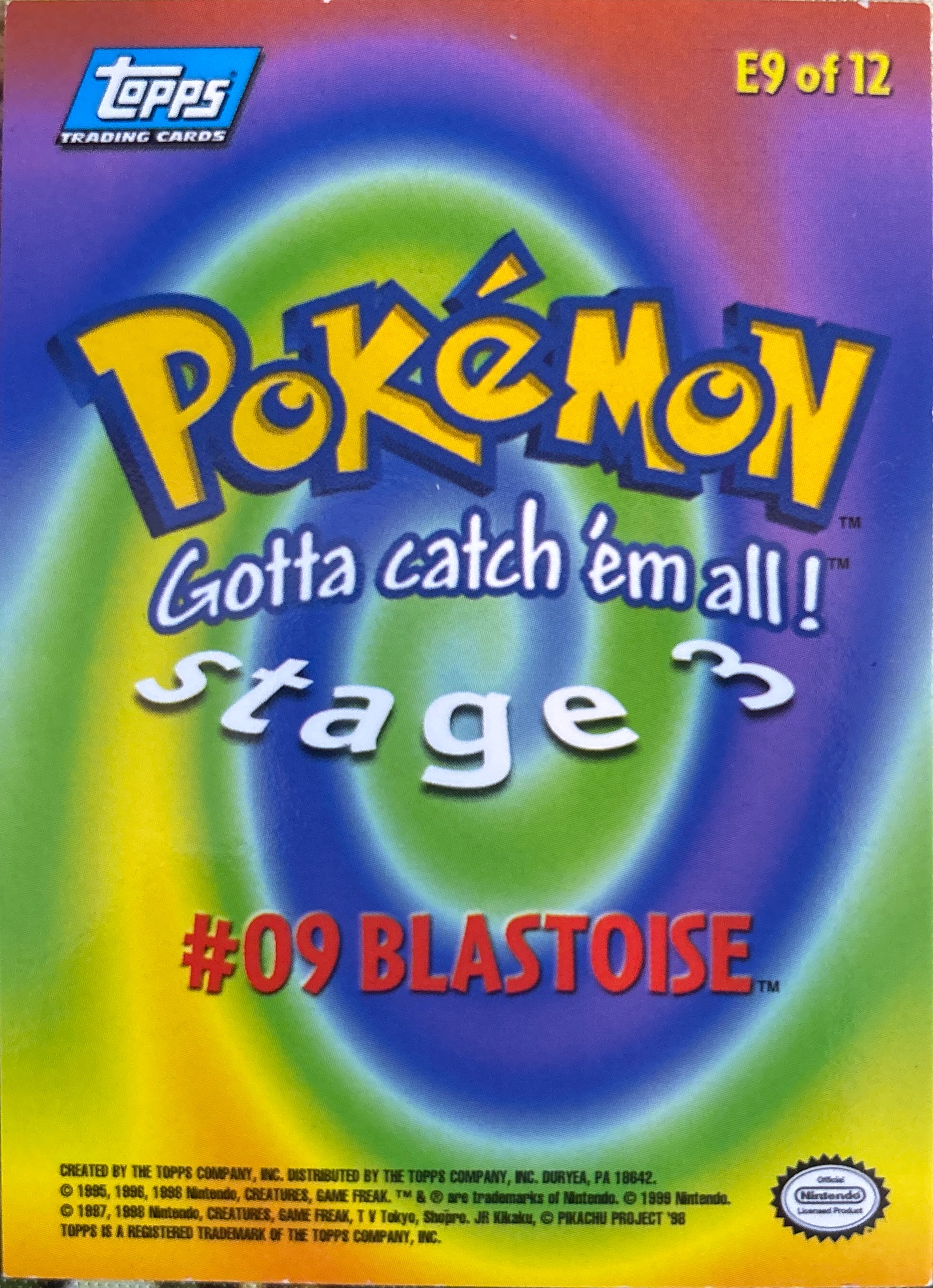 Blastoise card #E9, Pokemon Topps First Movie Trading Cards (1999), back