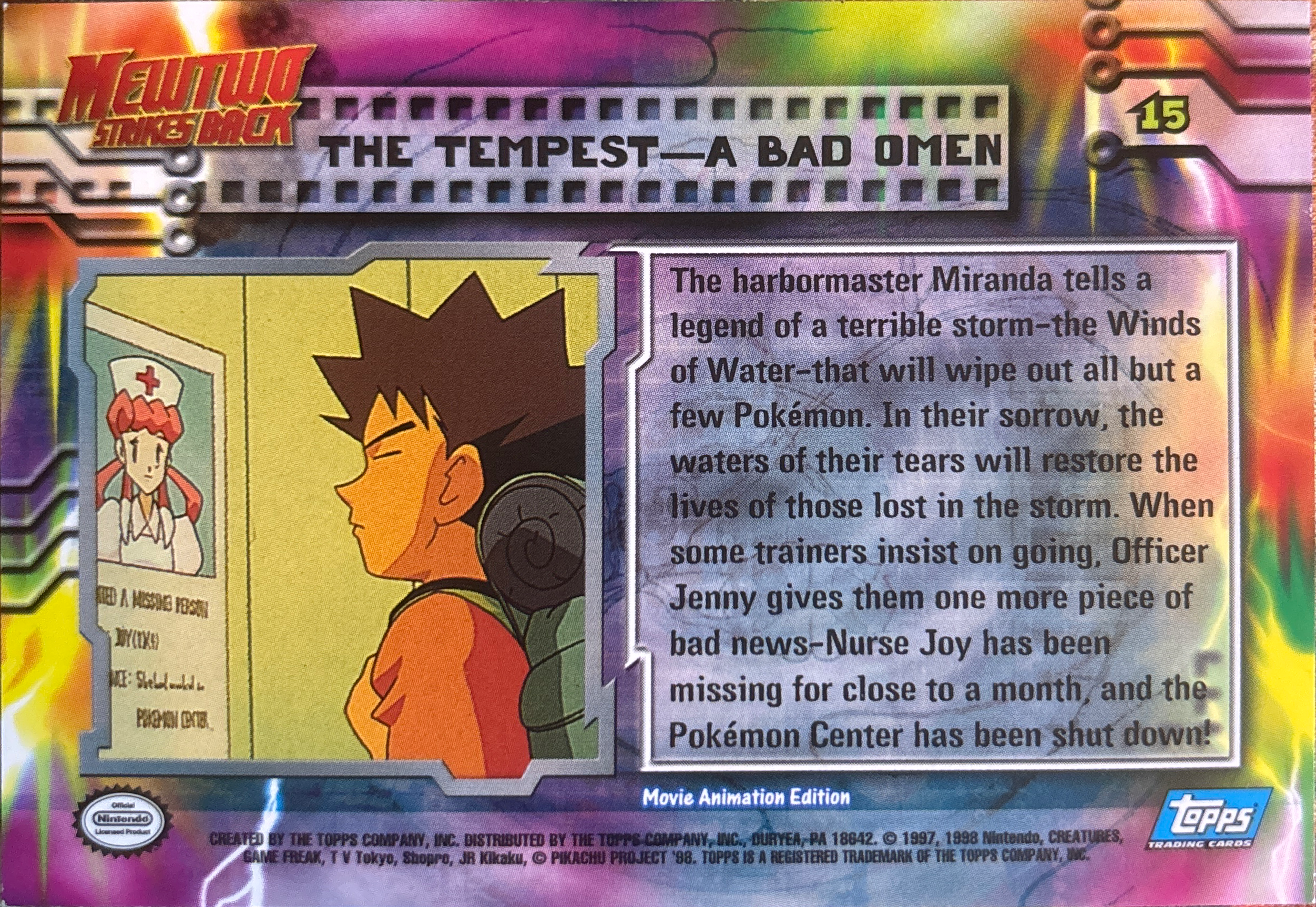 The Tempest–A Bad Omen card #15, Pokemon Topps First Movie Trading Cards (1999), back