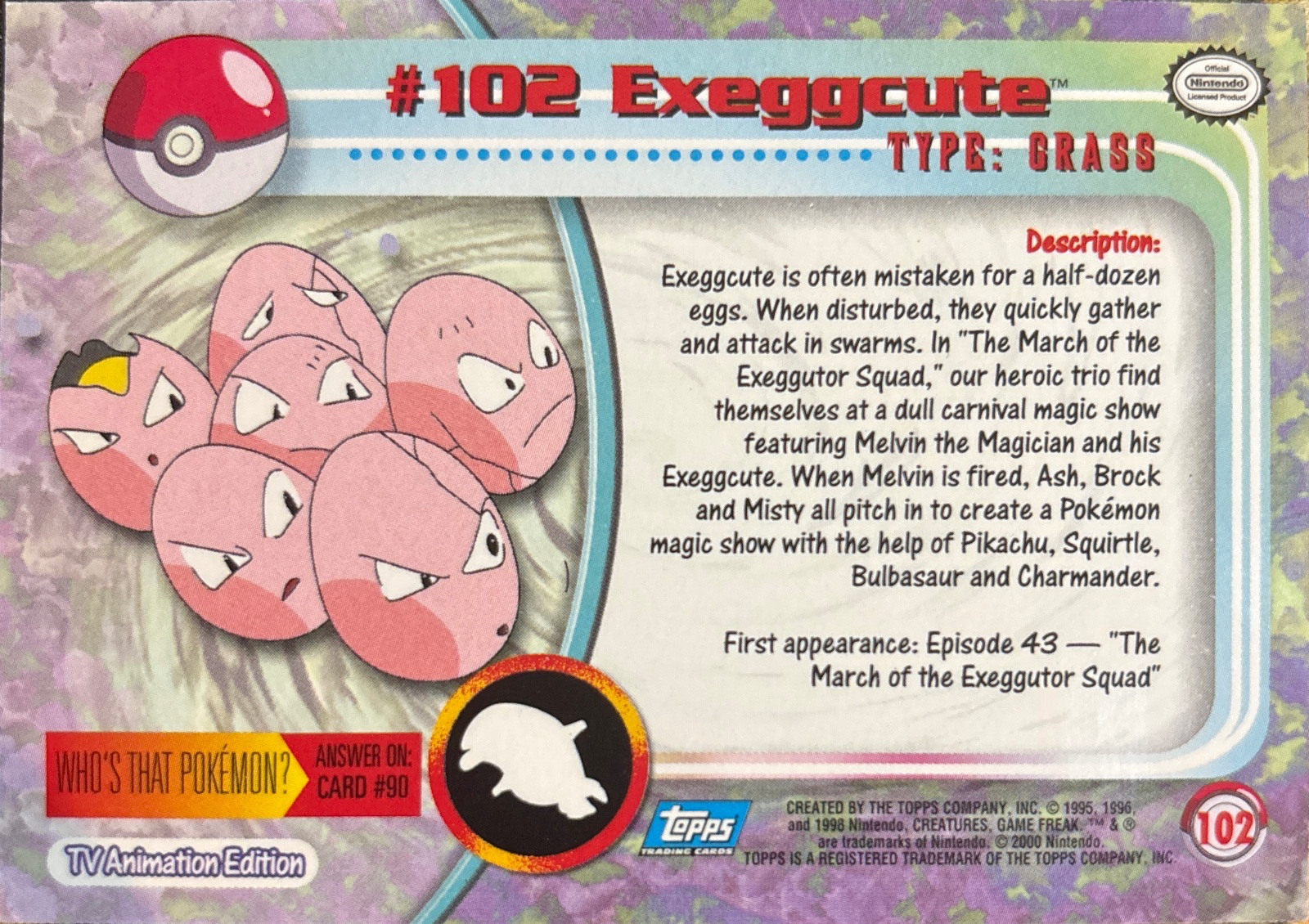 Exeggcute card #102, Pokemon Topps Series 2 (1999), back