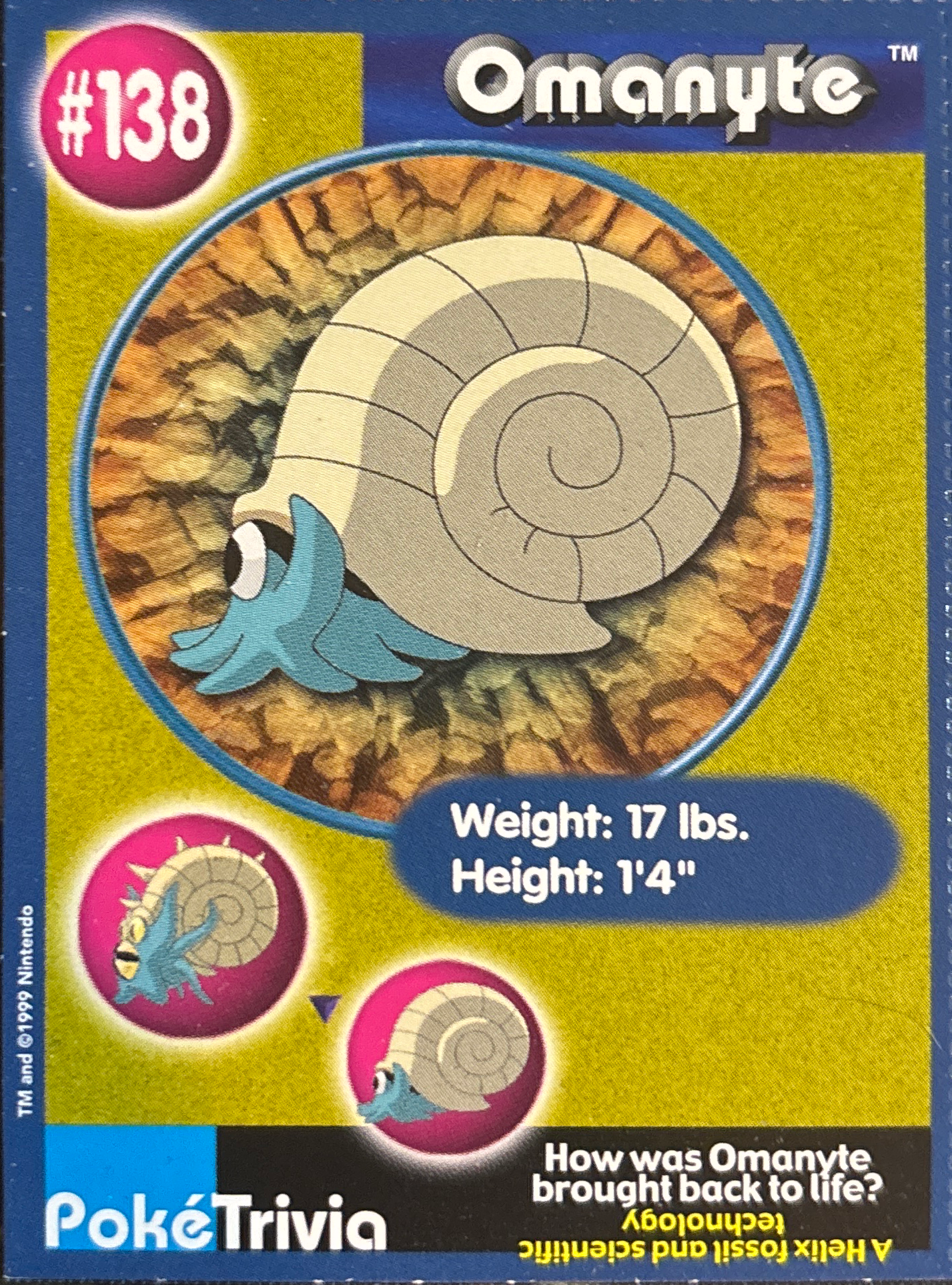 Omanyte card #138, Pokémon Burger King PokéTrivia Cards (1999) Checklist, front
