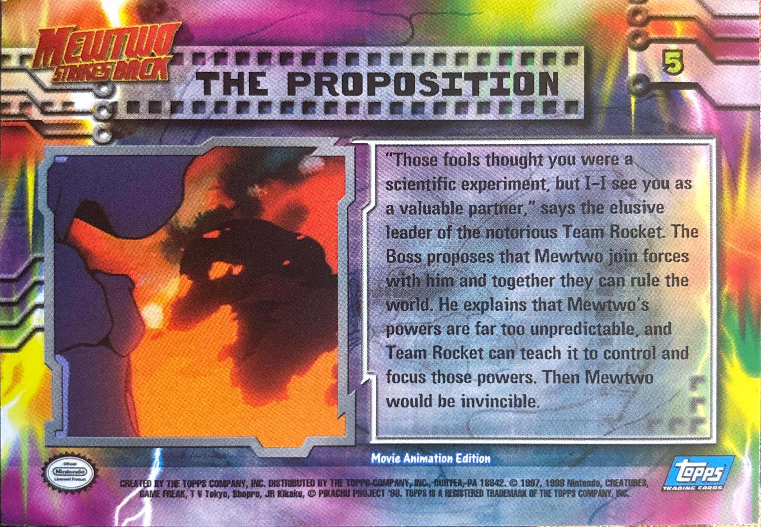 The Proposition card #5, Pokemon Topps First Movie Trading Cards (1999), back
