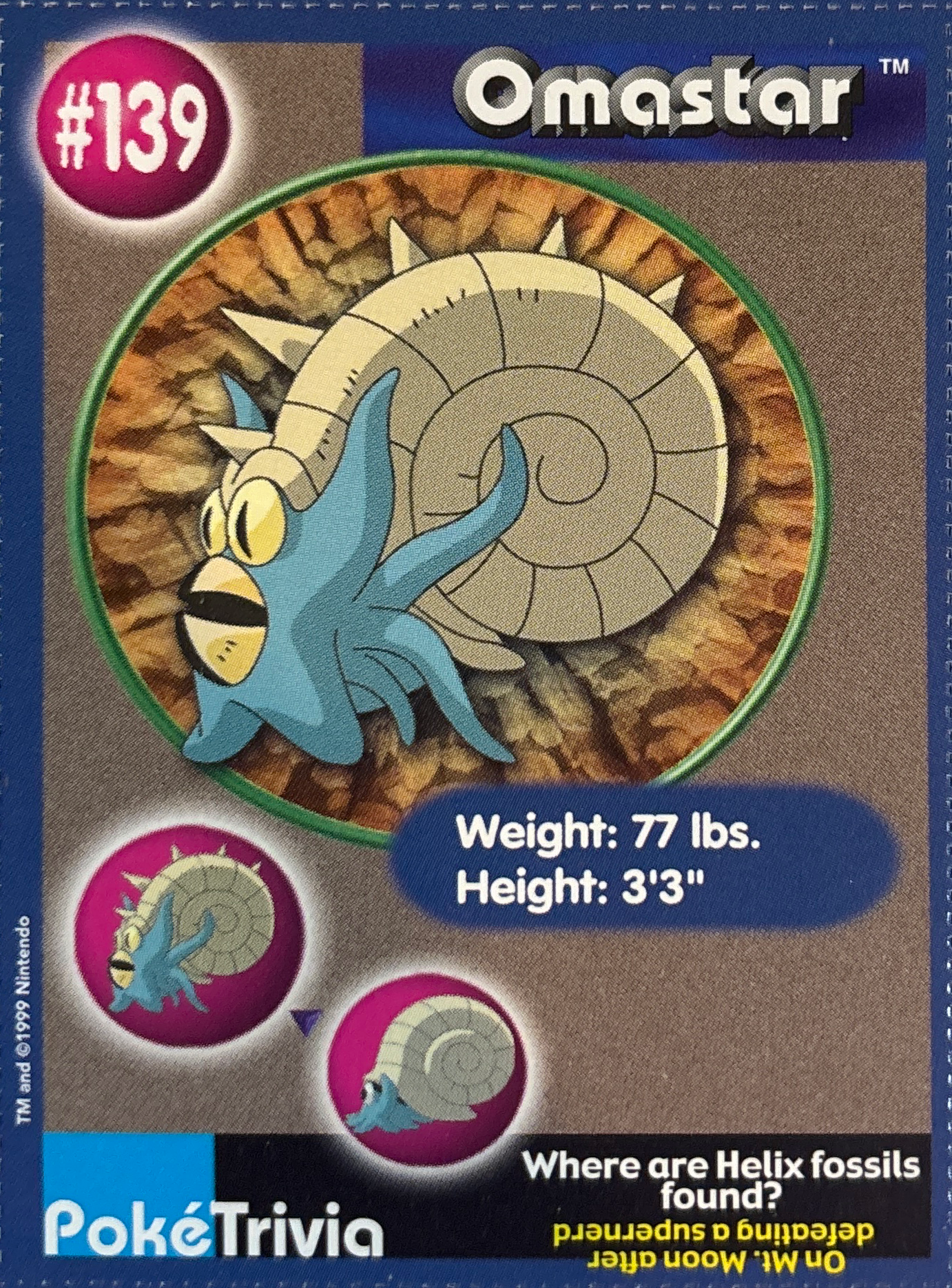 Omastar card #139, Pokémon Burger King PokéTrivia Cards (1999) Checklist, front