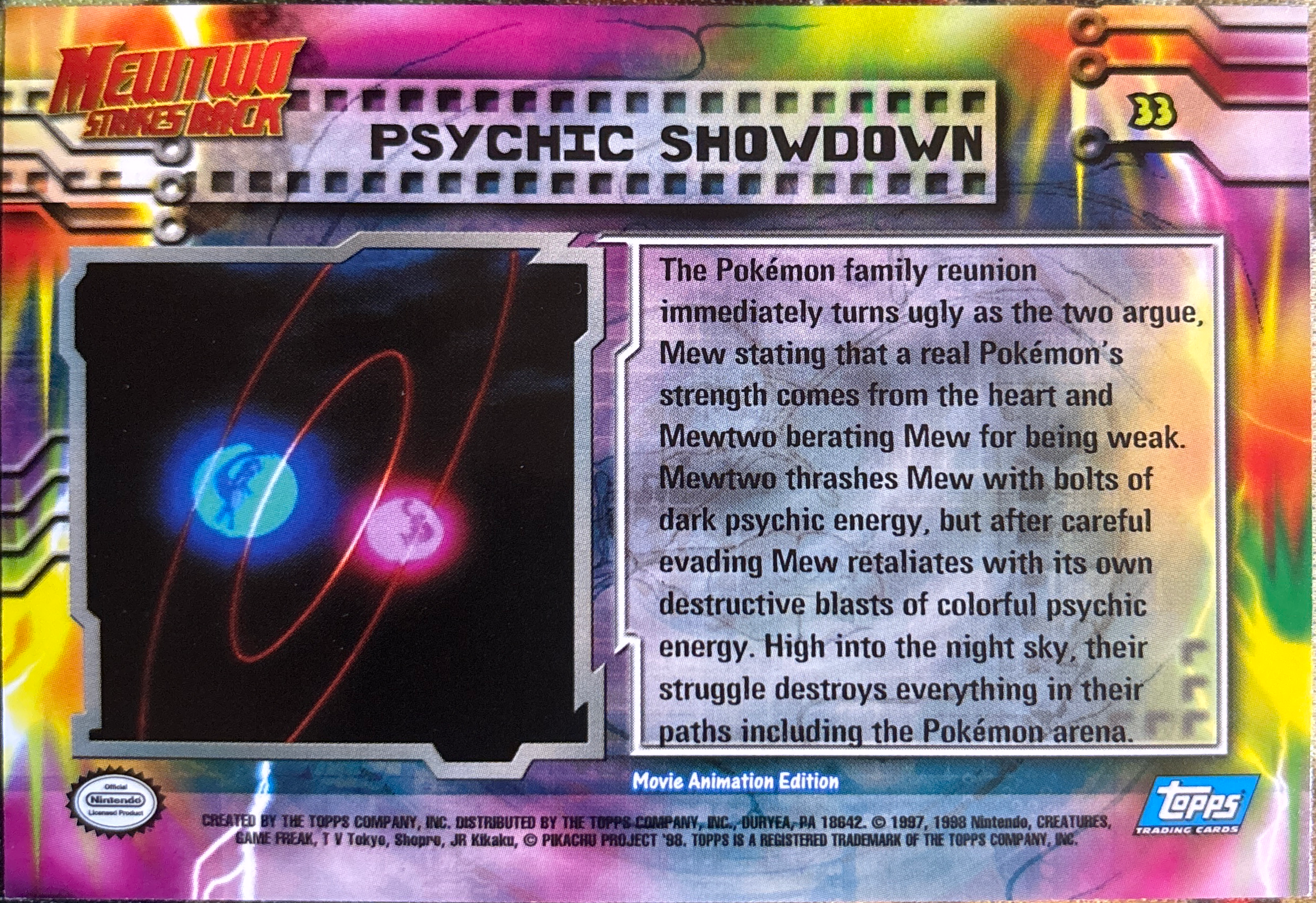 Psychic Showdown card #33, Pokemon Topps First Movie Trading Cards (1999), back