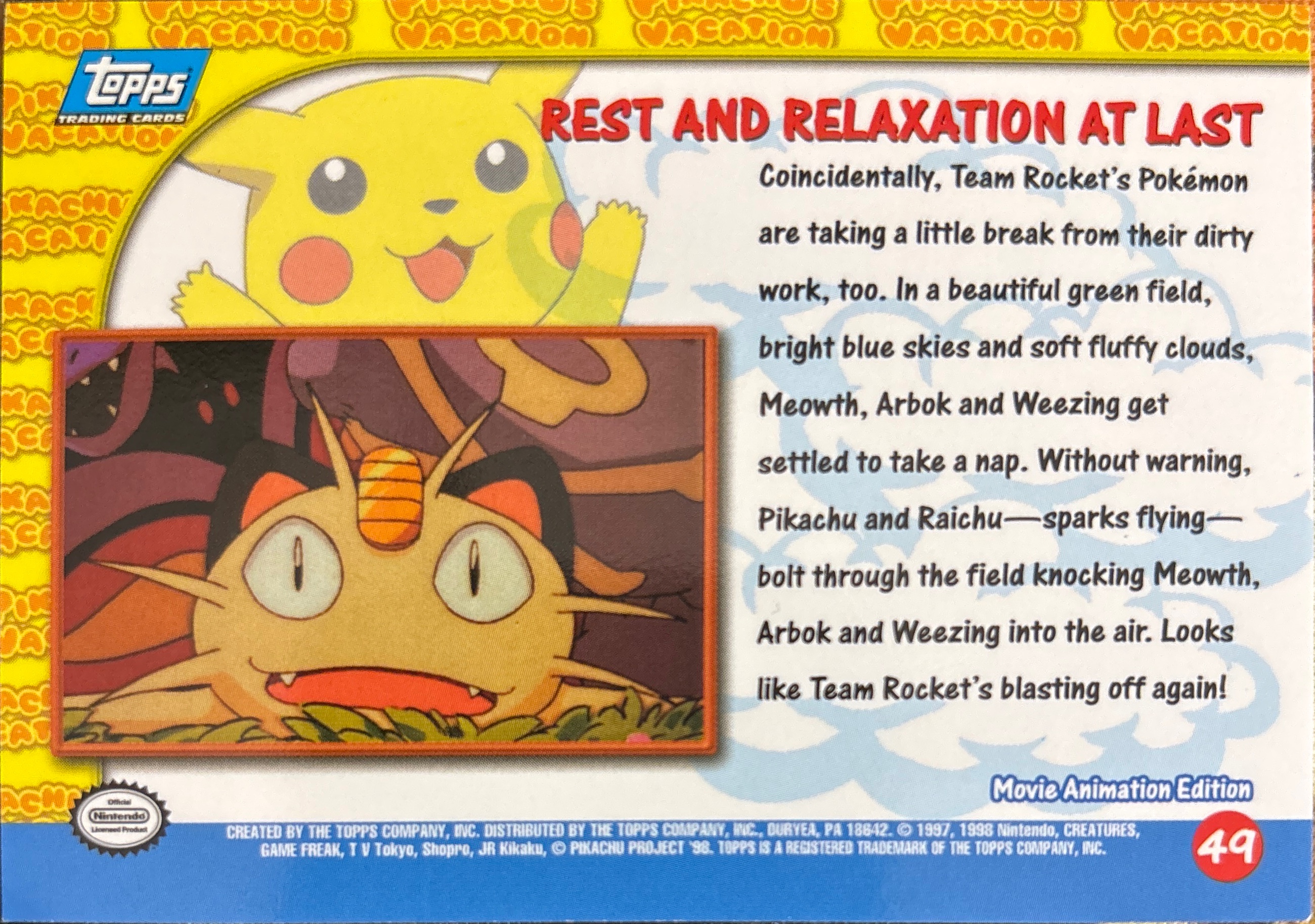 Rest and Relaxation at Last card #49, Pokemon Topps First Movie Trading Cards (1999), back