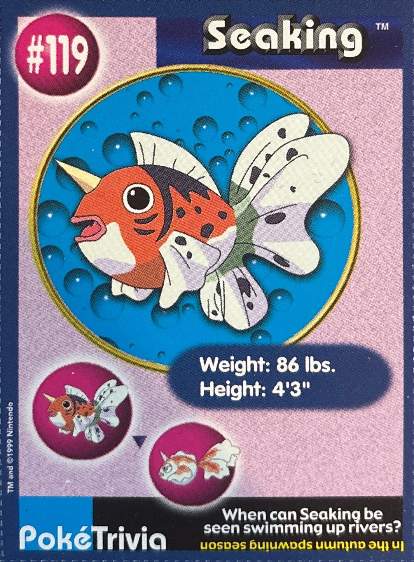 Seaking card #119, Pokémon Burger King PokéTrivia Cards (1999) Checklist, front