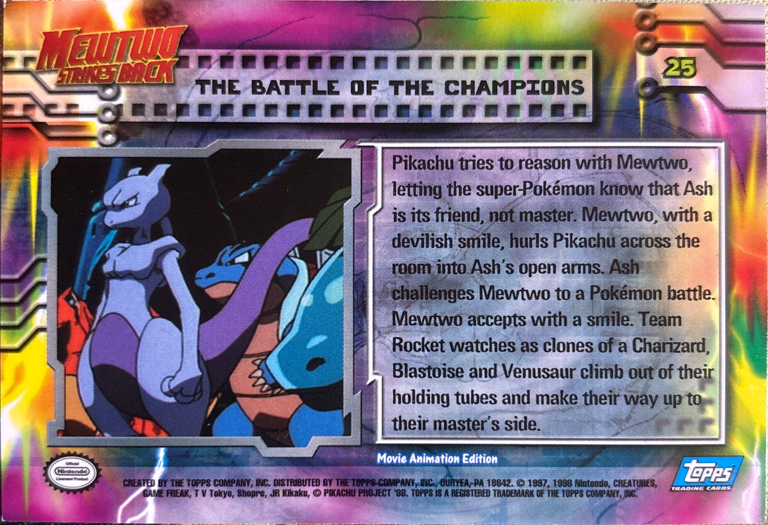 The Battle of the Champions card #25, Pokemon Topps First Movie Trading Cards (1999), back