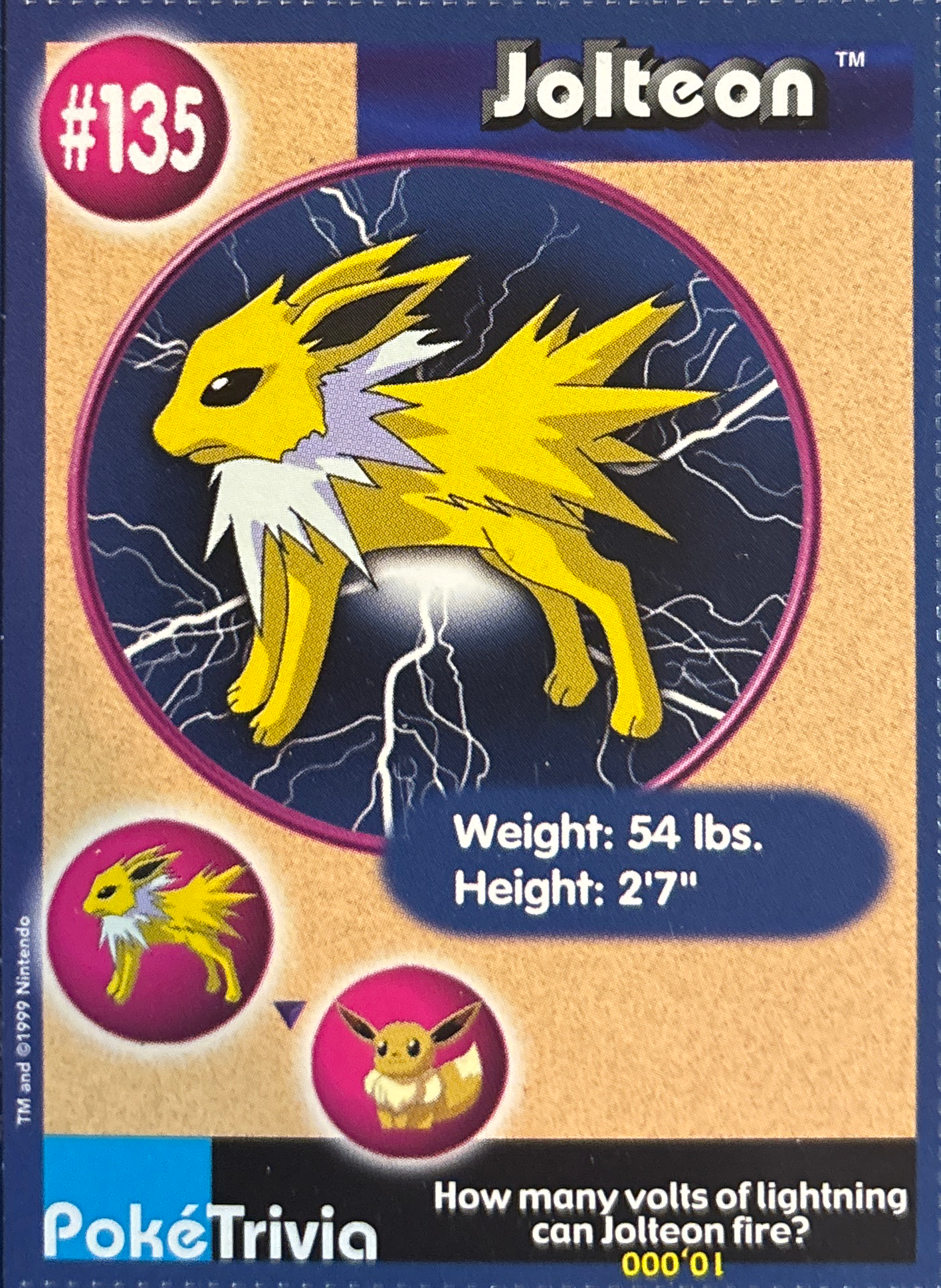 Jolteon card #135, Pokémon Burger King PokéTrivia Cards (1999) Checklist, front
