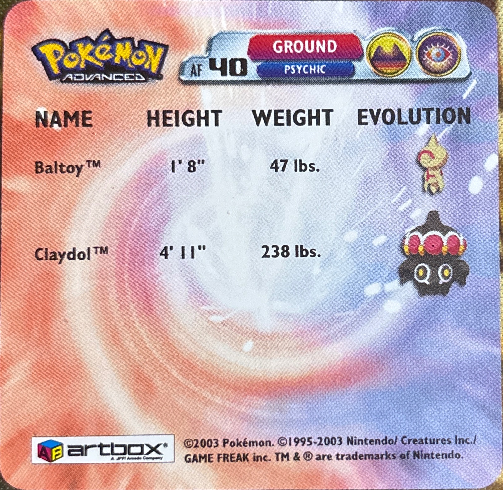 Baltoy collectible #AF40, Artbox (USA) Pokémon Artbox Advanced Flipz, back