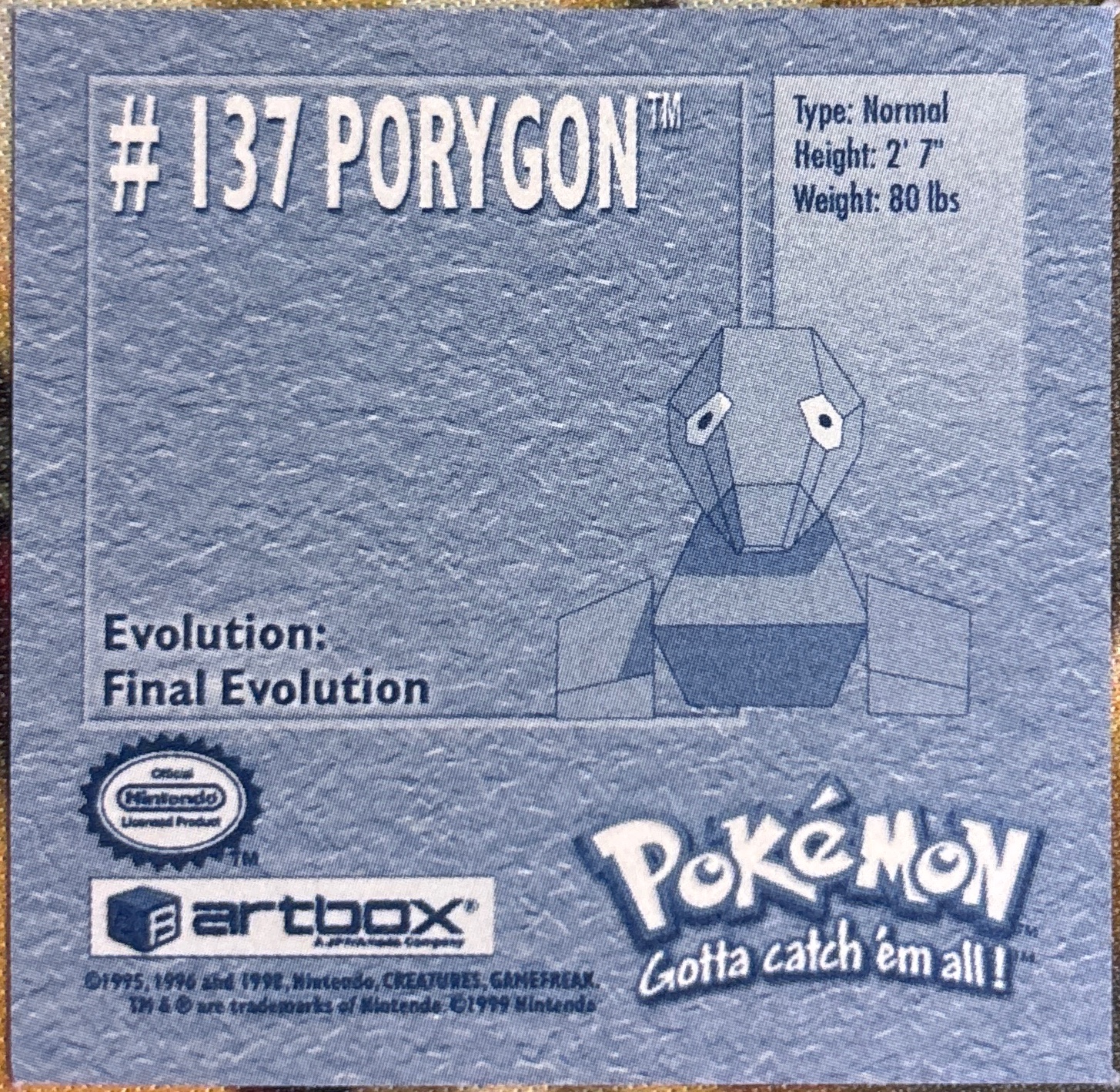 Porygon sticker #137, Artbox (USA) Pokémon Artbox Stickers (1999), back