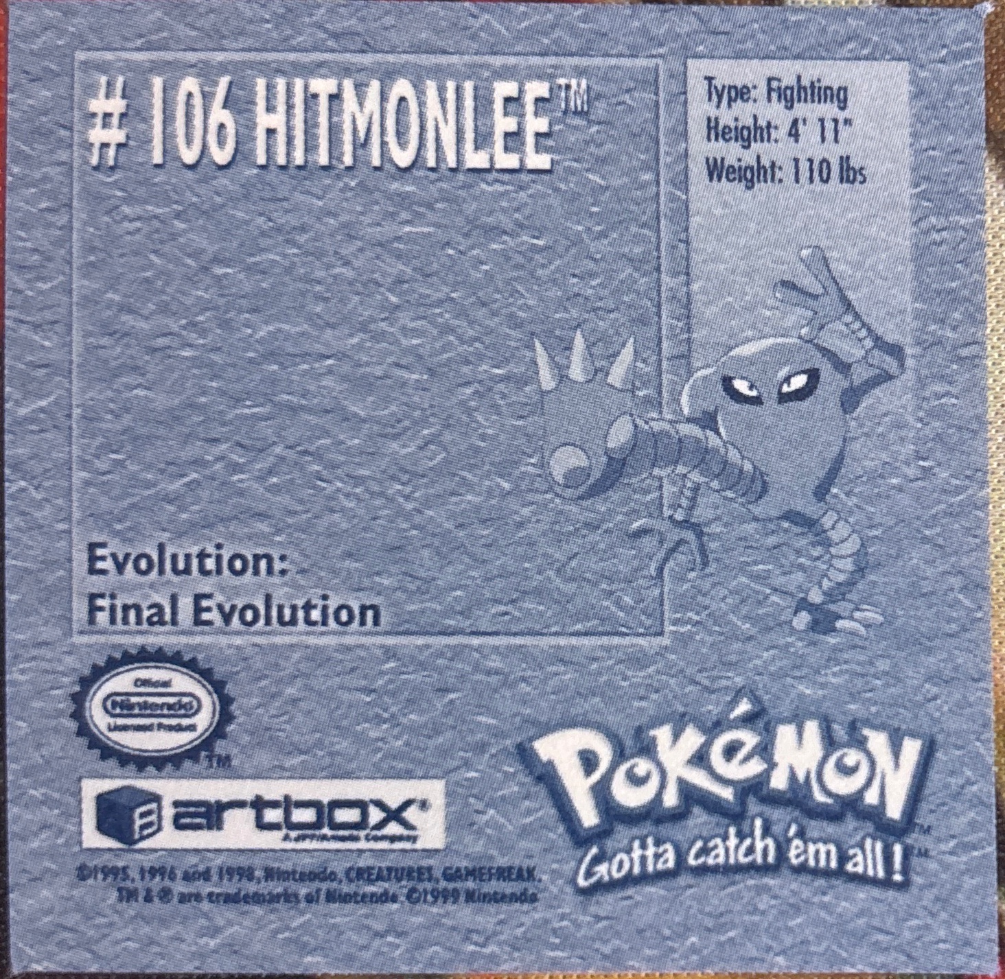 Hitmonlee sticker #106, Artbox (USA) Pokémon Artbox Stickers (1999), back
