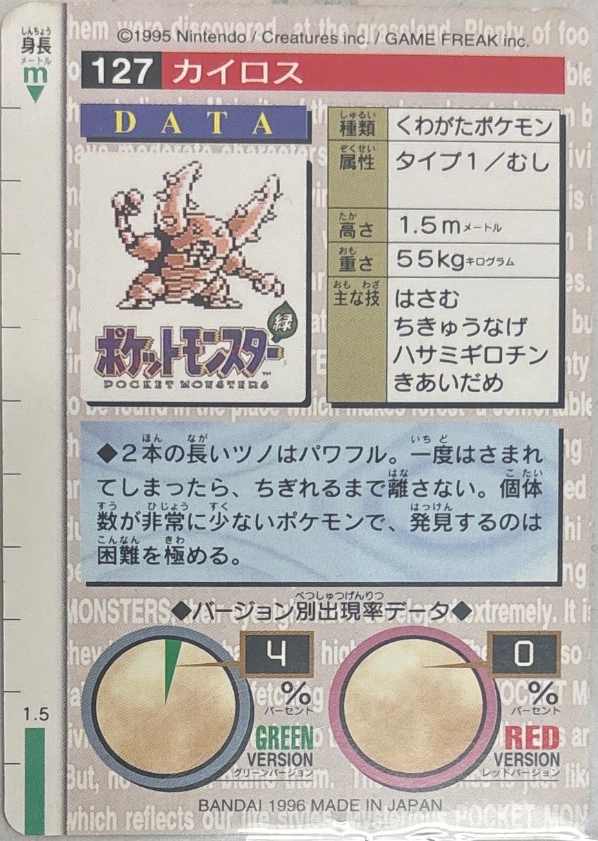 Pinsir card #127, Bandai Pokémon Carddass Part 1 (1996), back