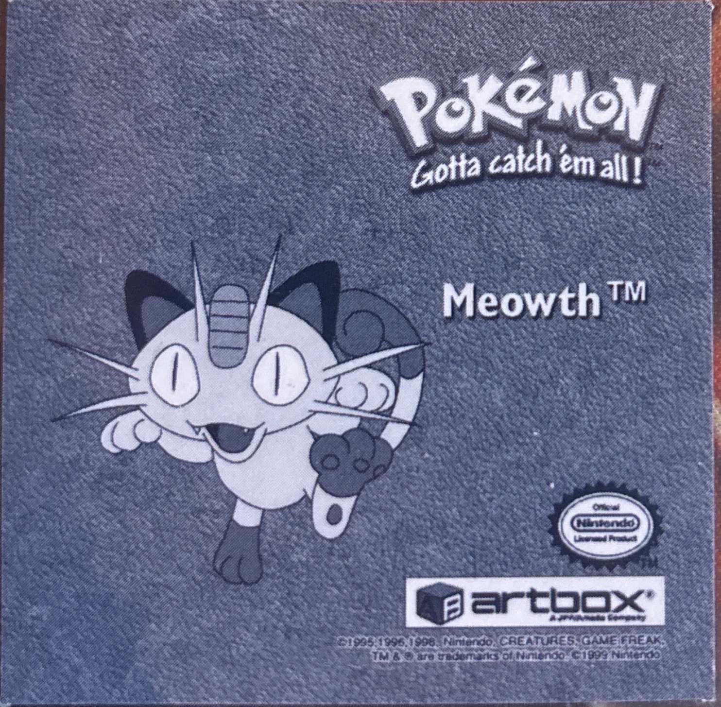 Meowth sticker #Pr05, Artbox (USA) Pokémon Artbox Stickers (1999), Prism, back