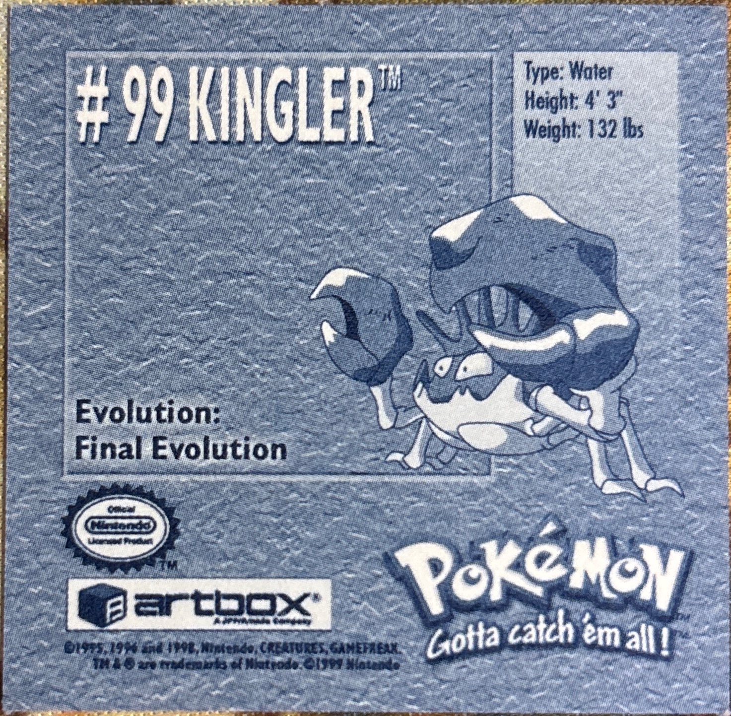 Kingler sticker #99, Artbox (USA) Pokémon Artbox Stickers (1999), back