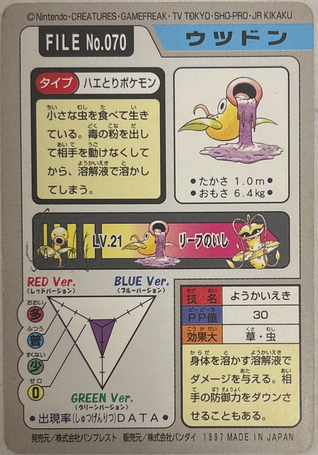 Weepinbell card, Bandai Pokémon Carddass Part 3 & 4 (1997), back