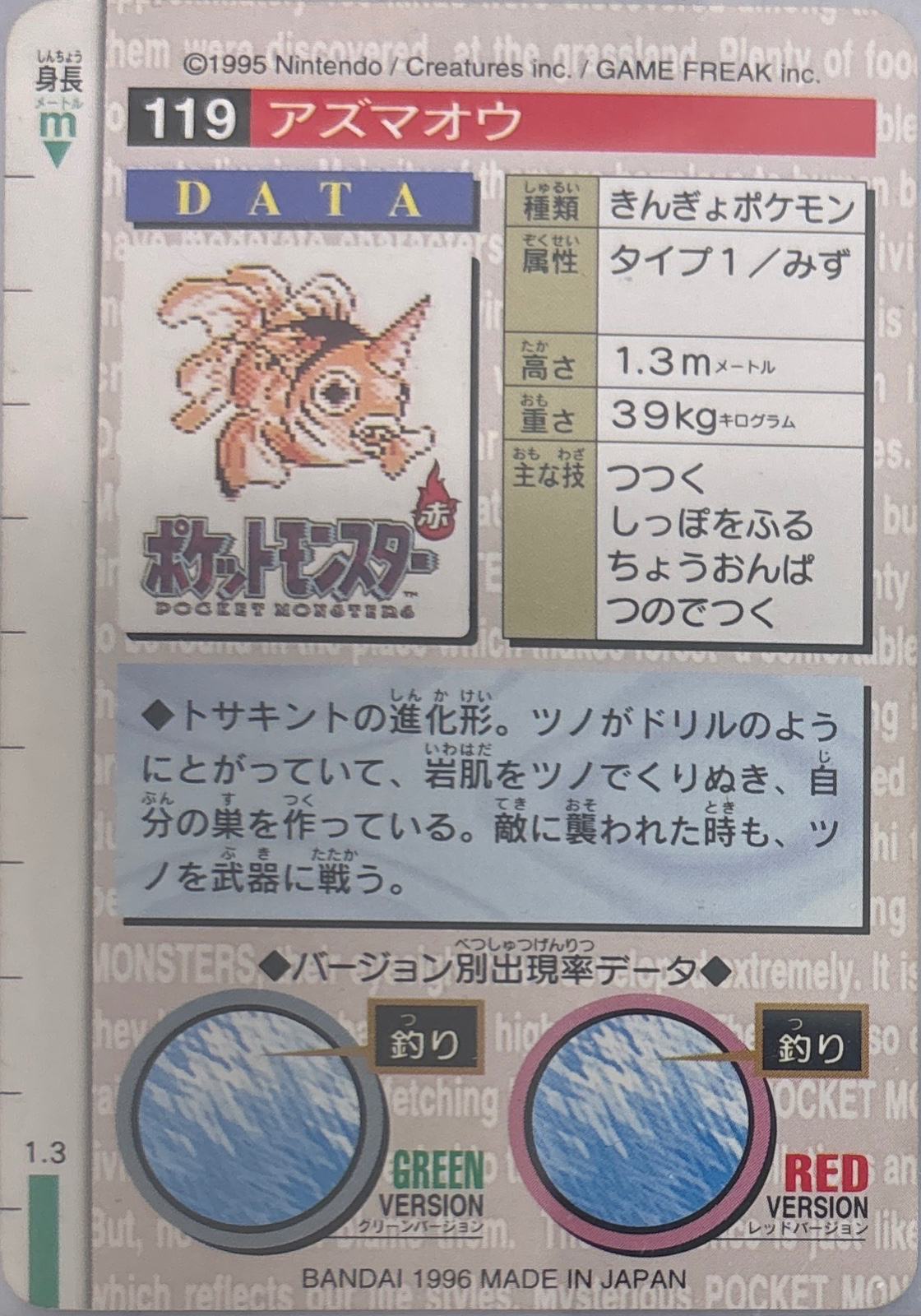 Seaking card #119, Bandai Pokémon Carddass Part 1 (1996), back