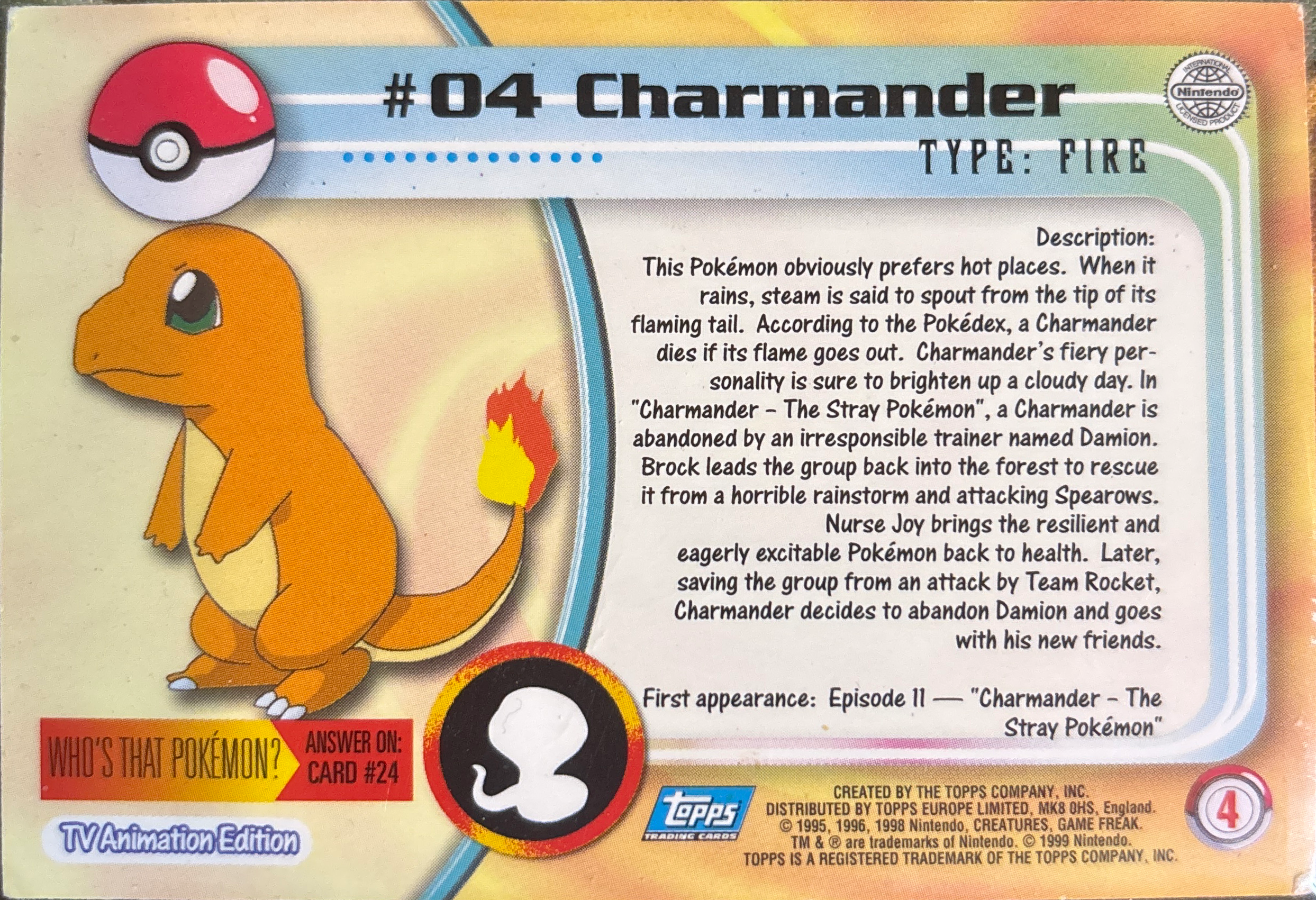 Charmander card #4, Pokemon Topps Series 1 (1999), back