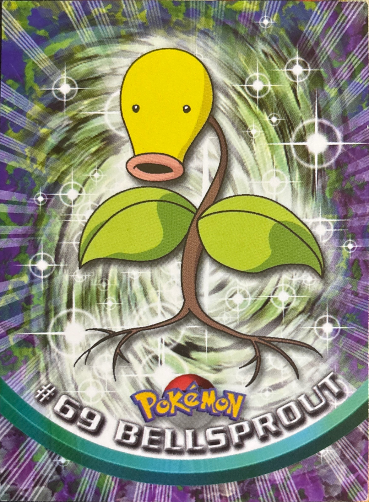 Bellsprout card #69, Pokemon Topps Series 1 (1999), front