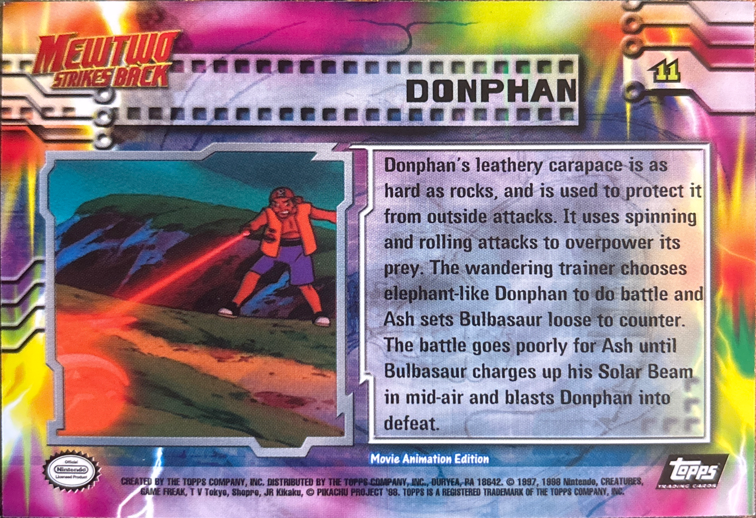 Donphan card #11, Pokemon Topps First Movie Trading Cards (1999), back