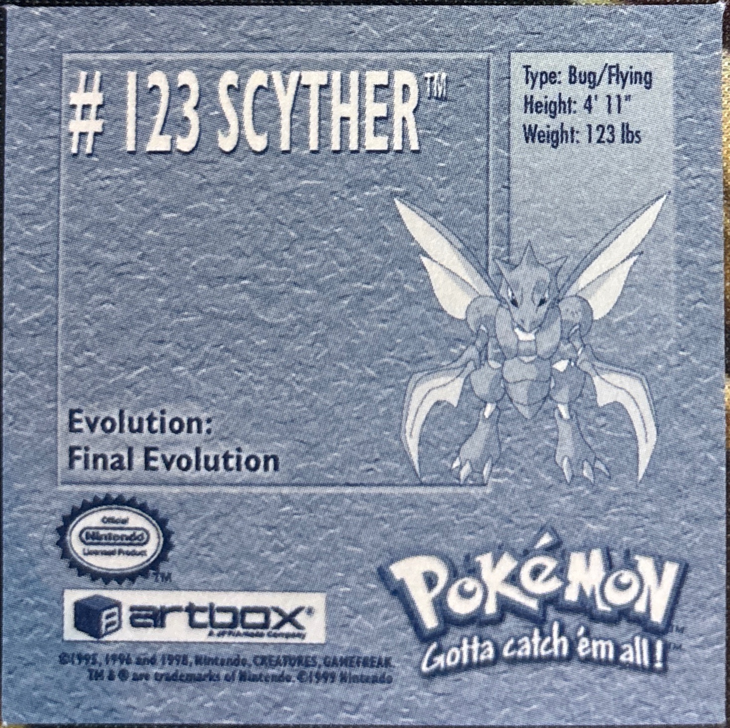 Scyther sticker #123, Artbox (USA) Pokémon Artbox Stickers (1999), back