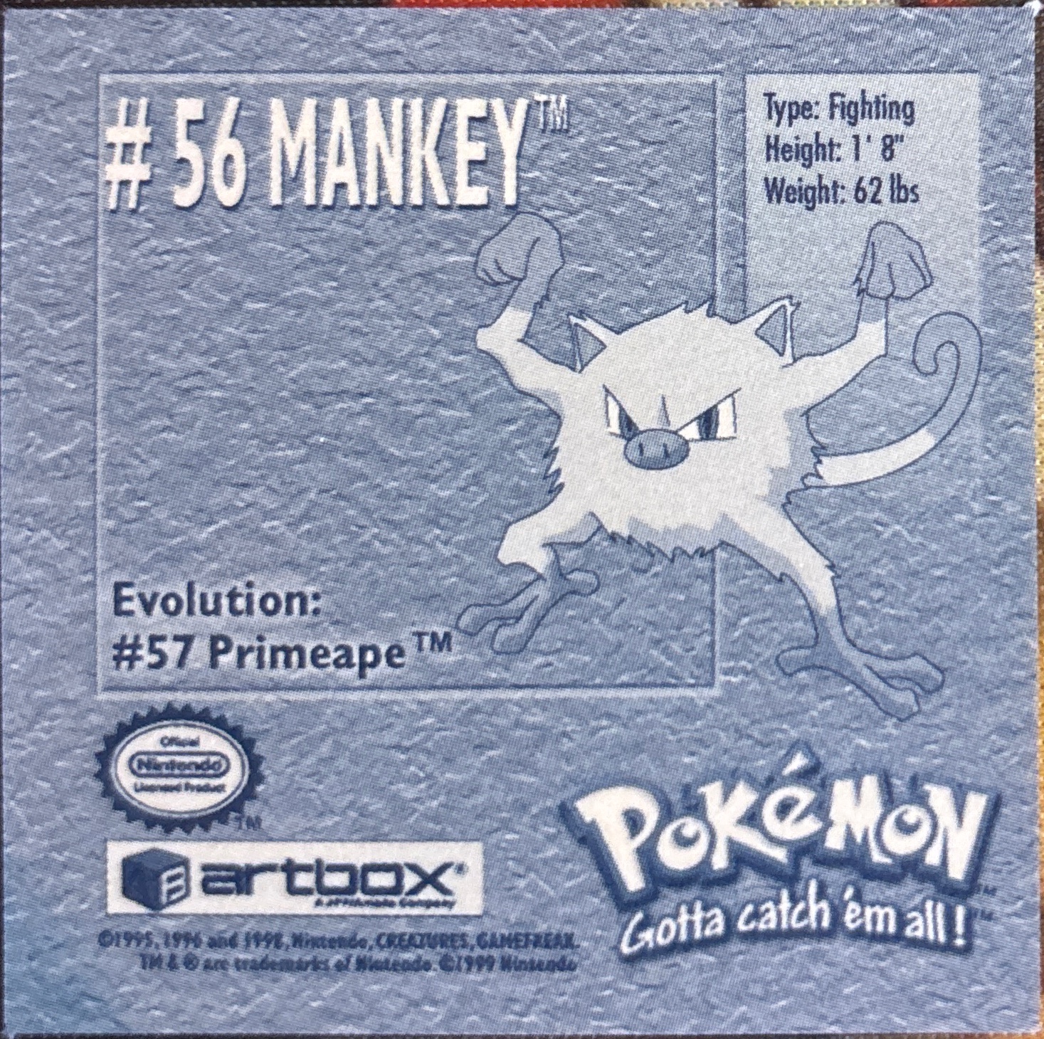 Mankey sticker #56, Artbox (USA) Pokémon Artbox Stickers (1999), back