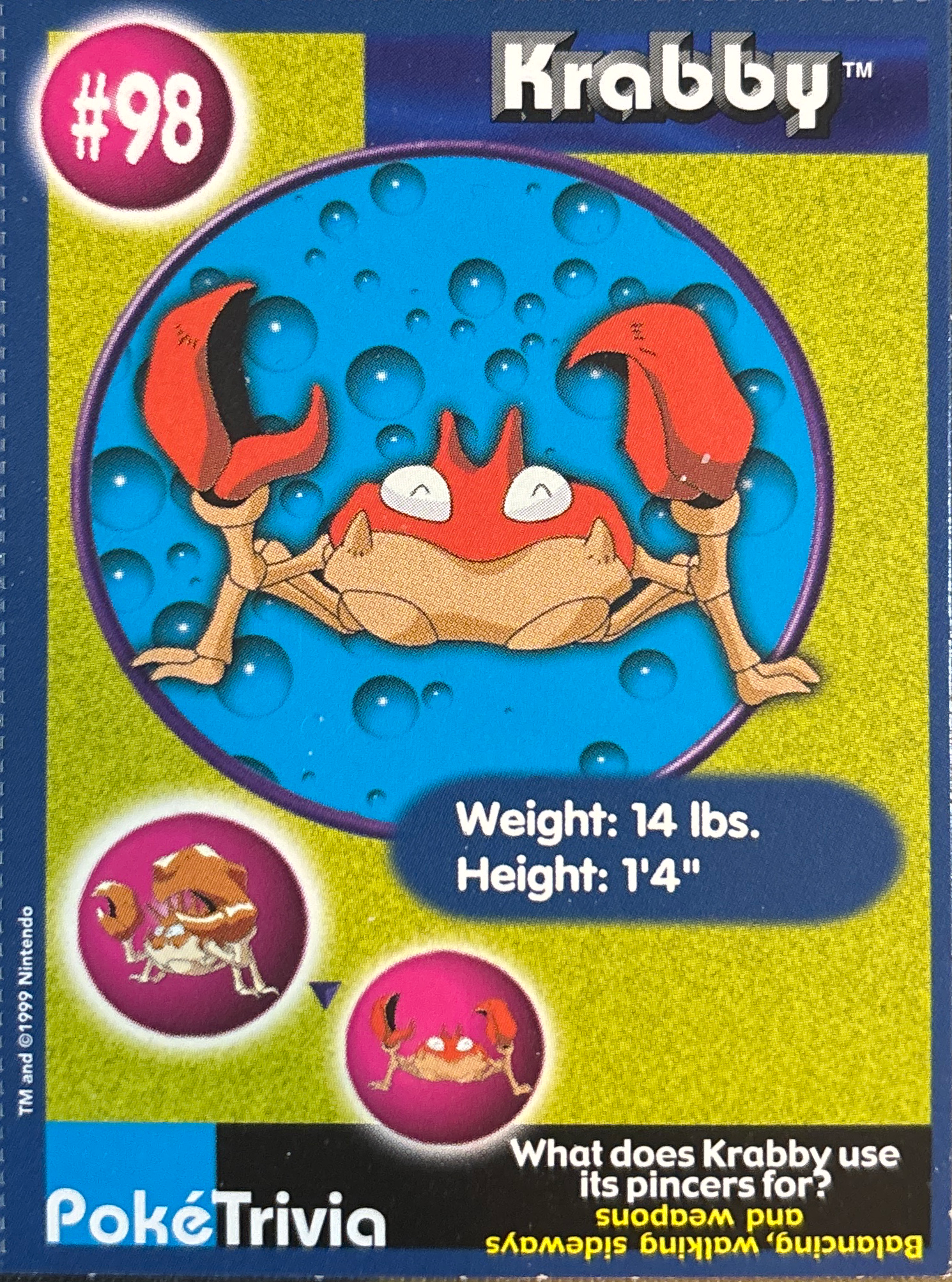 Krabby card #98, Pokémon Burger King PokéTrivia Cards (1999) Checklist, front