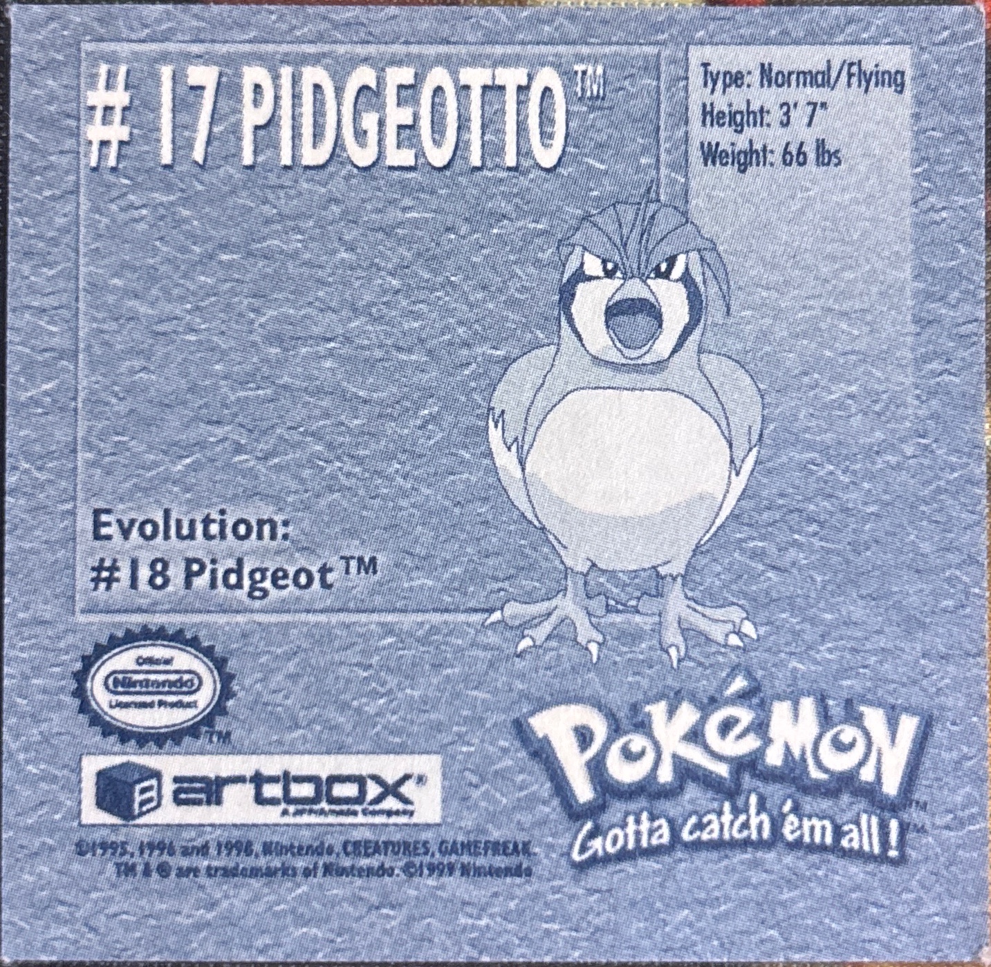 Pidgeotto sticker #17, Artbox (USA) Pokémon Artbox Stickers (1999), back