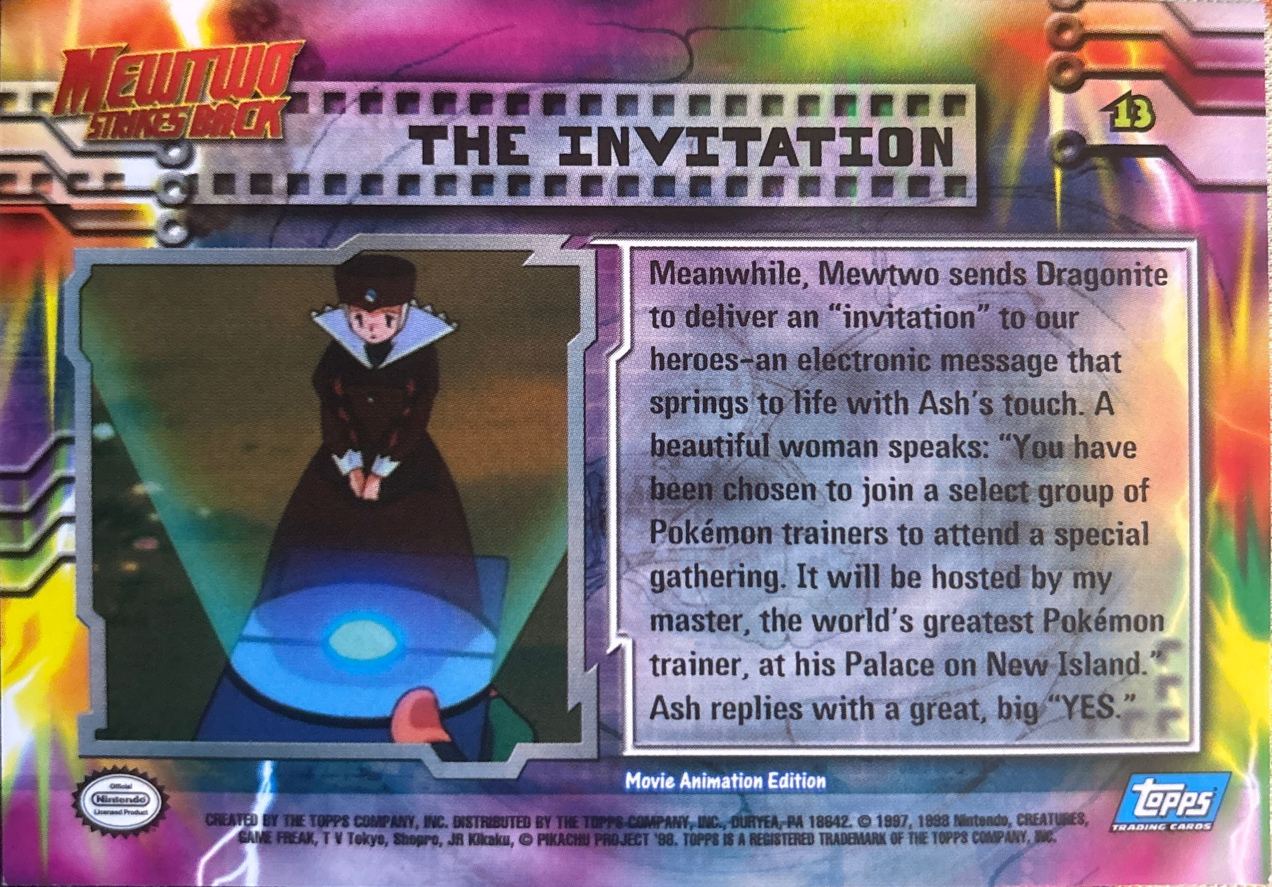 The Invitation card #13, Pokemon Topps First Movie Trading Cards (1999), back