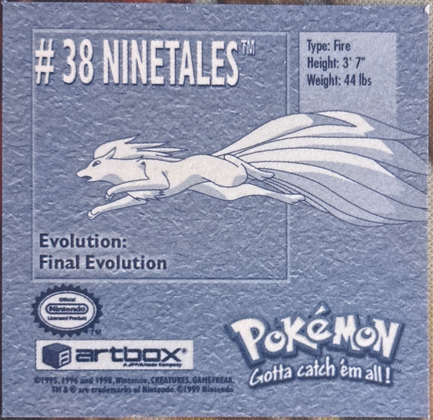 Ninetales sticker #38, Artbox (USA) Pokémon Artbox Stickers (1999), back