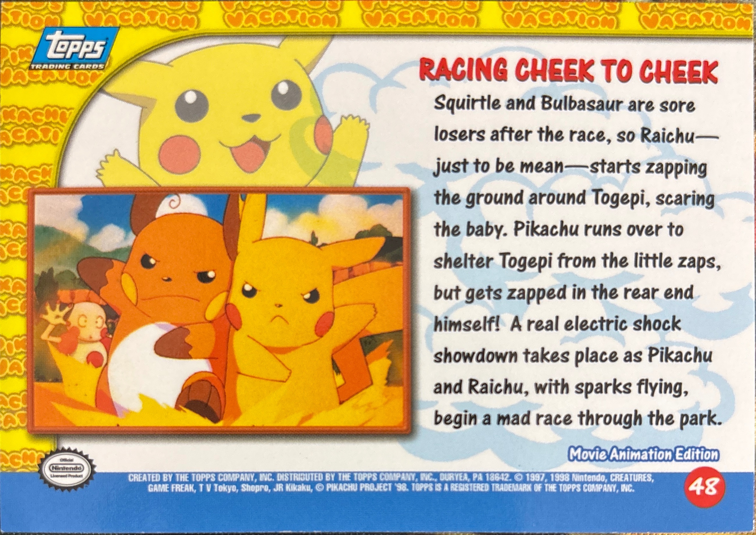 Racing Cheek to Cheek card #48, Pokemon Topps First Movie Trading Cards (1999), back