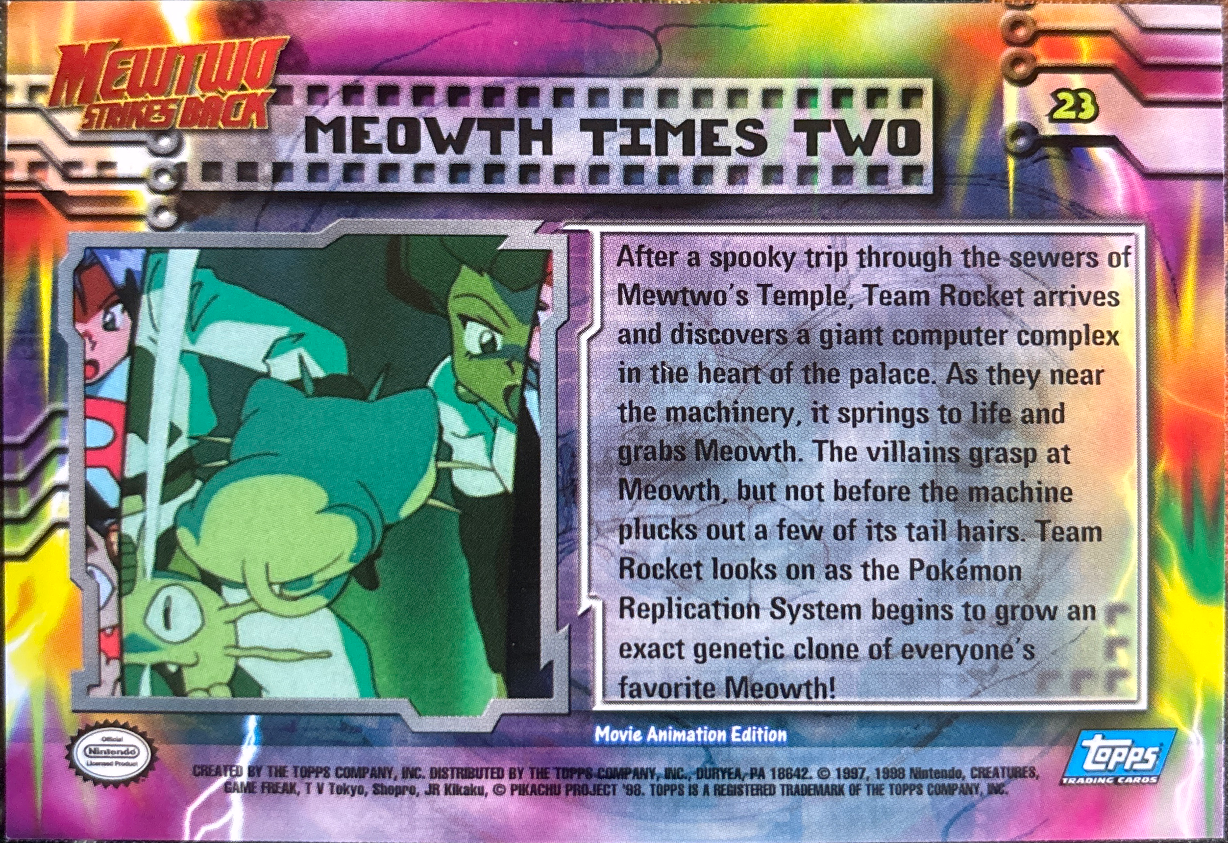Meowth Times Two card #23, Pokemon Topps First Movie Trading Cards (1999), back