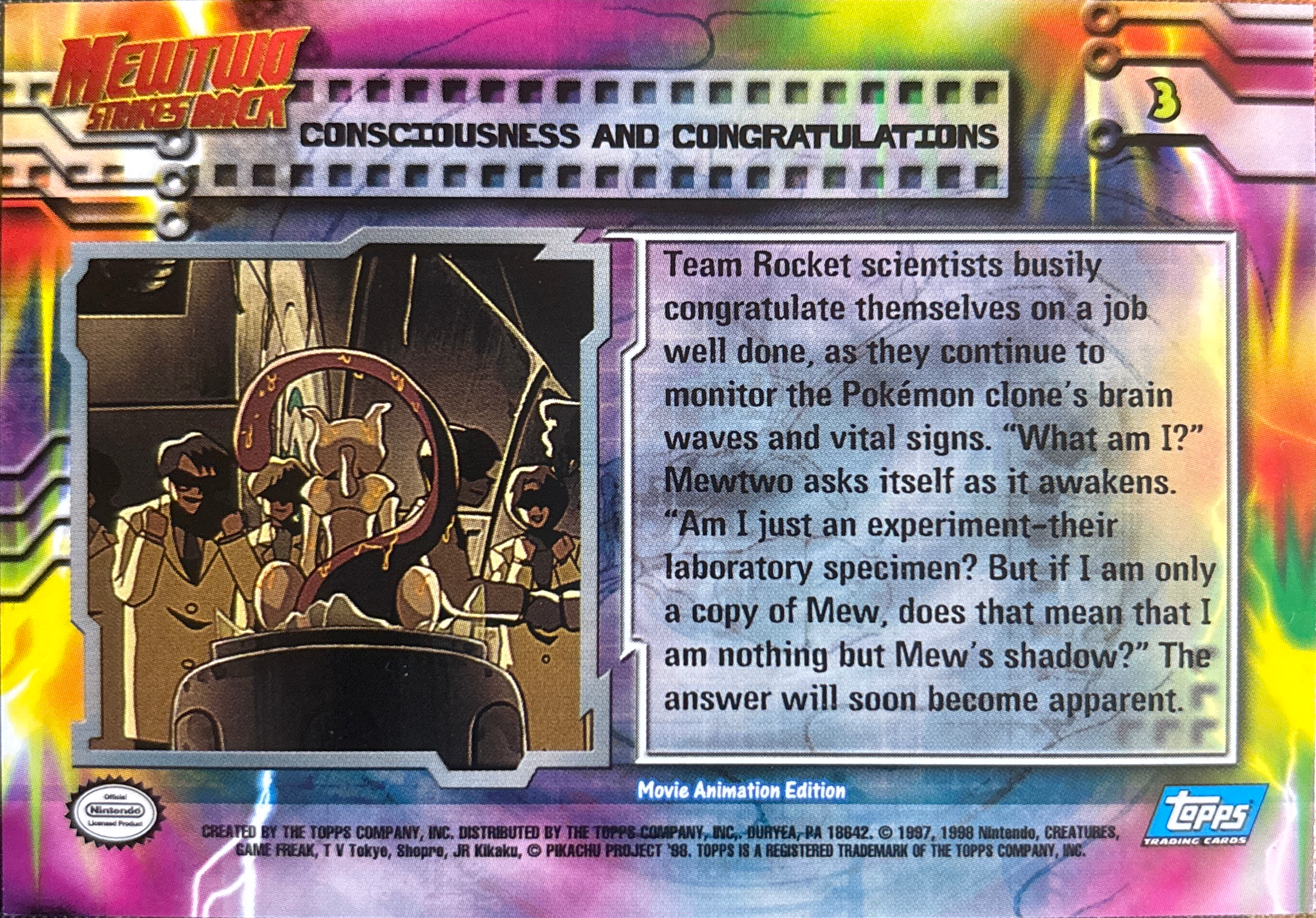 Consciousness and Congratulations card #3, Pokemon Topps First Movie Trading Cards (1999), back