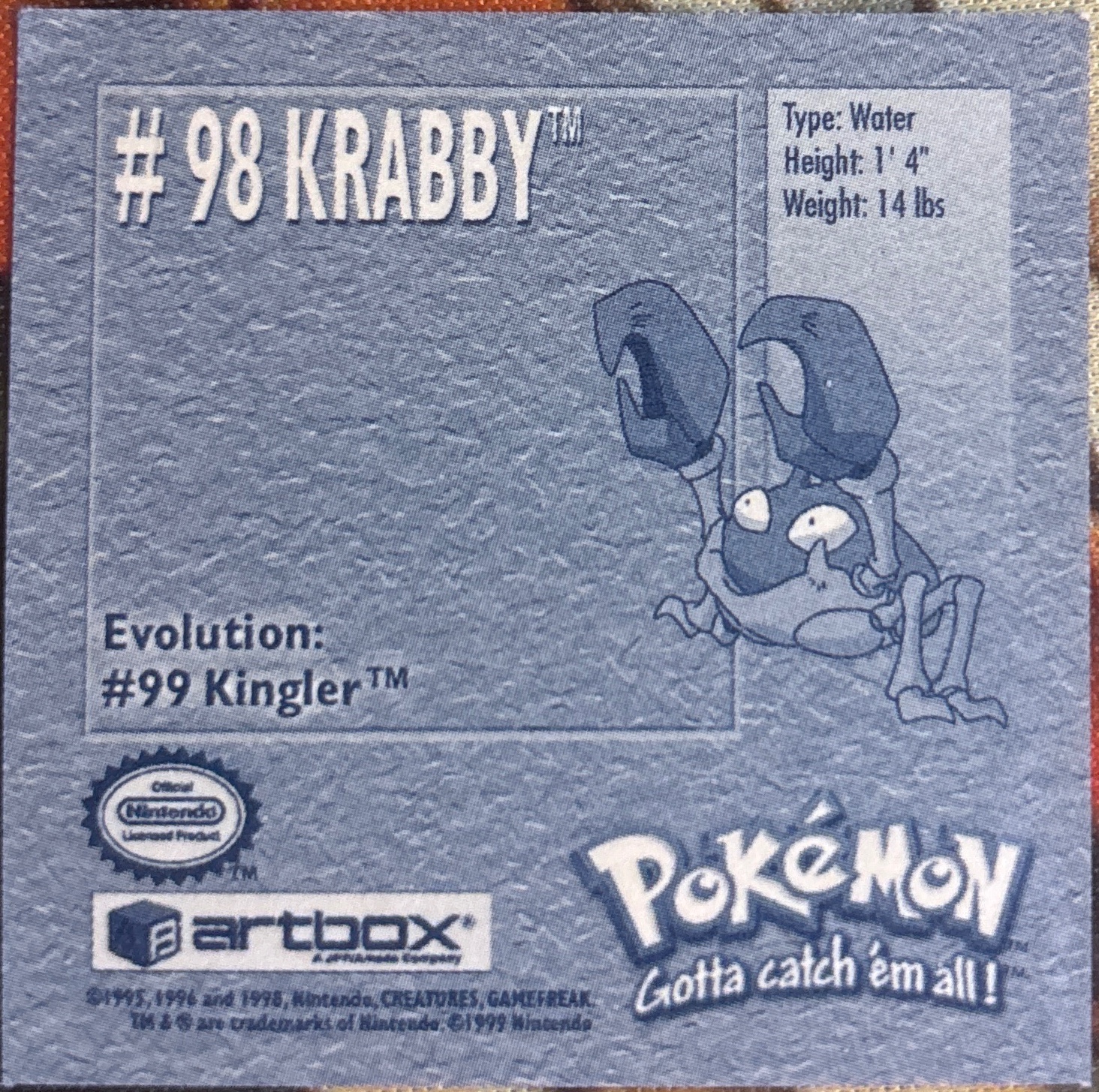 Krabby sticker #98, Artbox (USA) Pokémon Artbox Stickers (1999), back